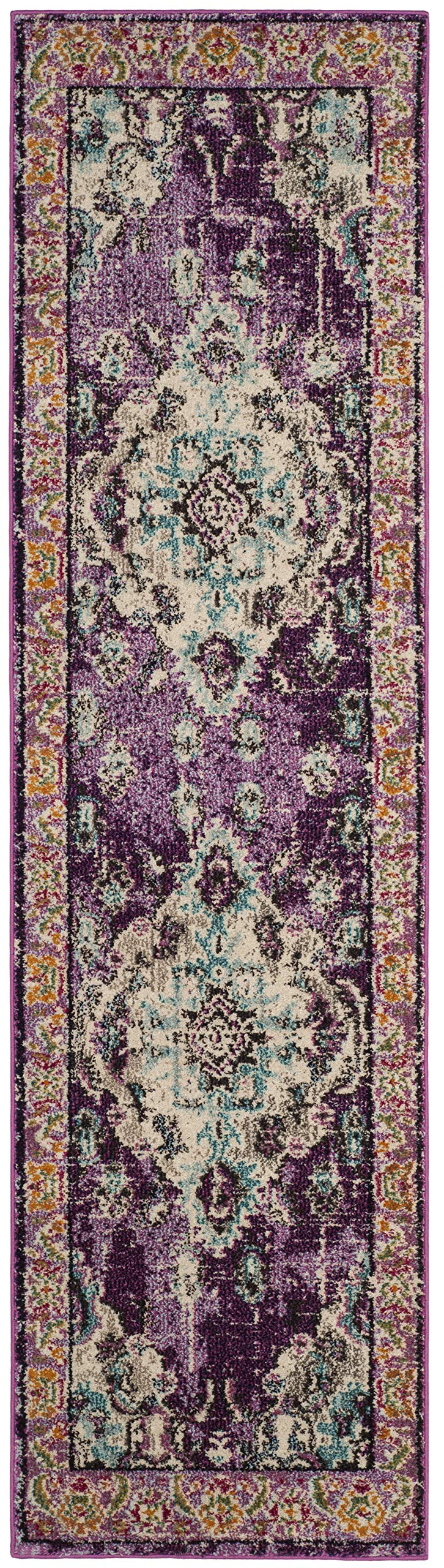 SAFAVIEH Monaco Collection Runner Rug - 22 x 14, Violet & Light Blue, Boho Chic Medallion Distressed Design, Non-Shedding & Ea