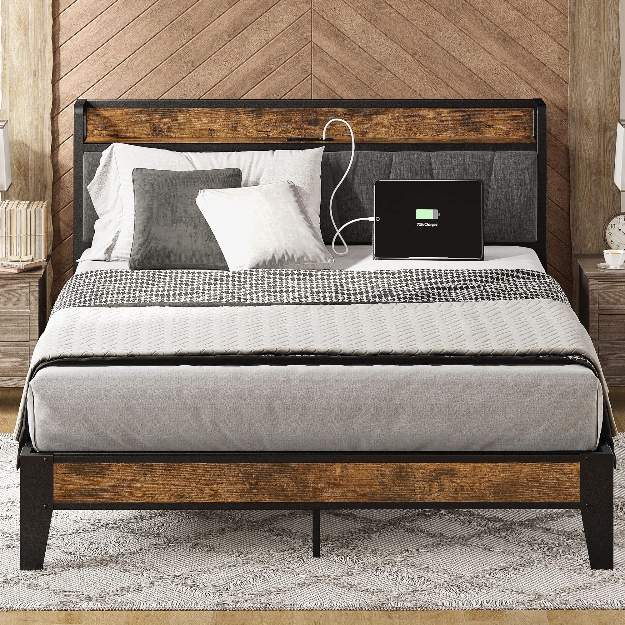 LIKIMIO Queen Bed Frame, Storage Headboard with Charging Station, Solid and Stable, Noise Free, No Box Spring Needed, Easy Assem
