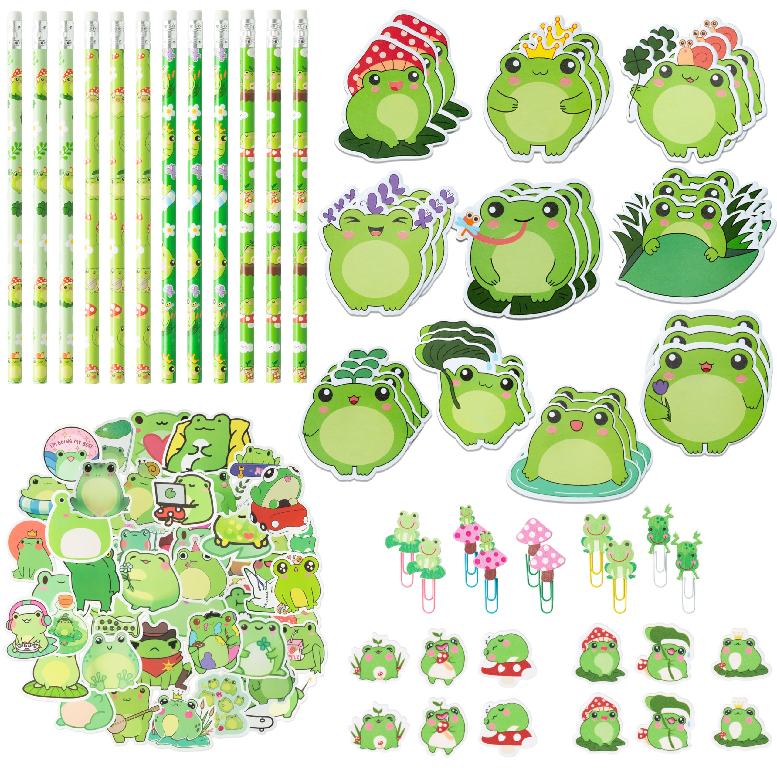 Xqumoi 114Pcs Frog Stationery And School Supplies Set - Cute Summer Frog Sticky Notes, Paper Clip Bookmarks, Frog Decal Sticker