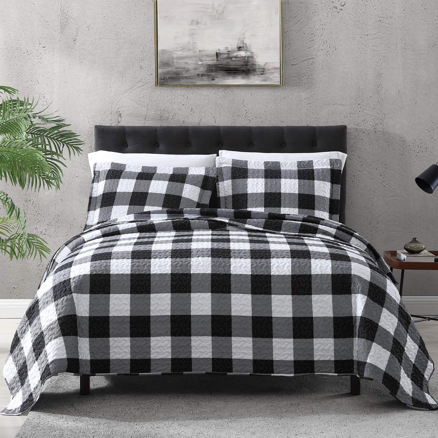 Exq Home Quilt Set King Size 3 Piece,Lightweight Microfiber Coverlet Modern Style Black And White Squares Pattern Bedspread Set(
