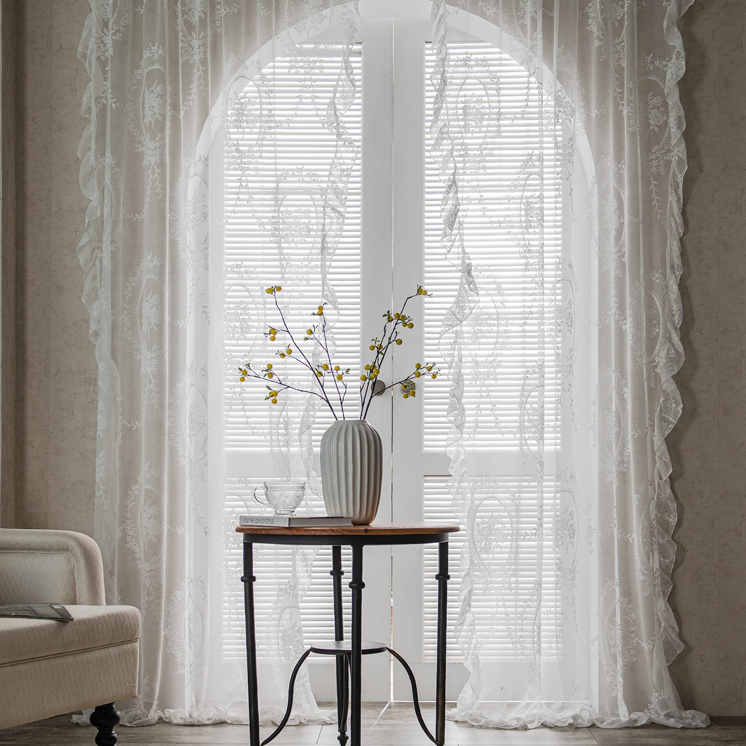 Sutuo Home White Lace Curtains 84 Inches Long 2 Set, Sheer Panels Rose Floral Embroidery Vintage Voile Window Treatment Pair For