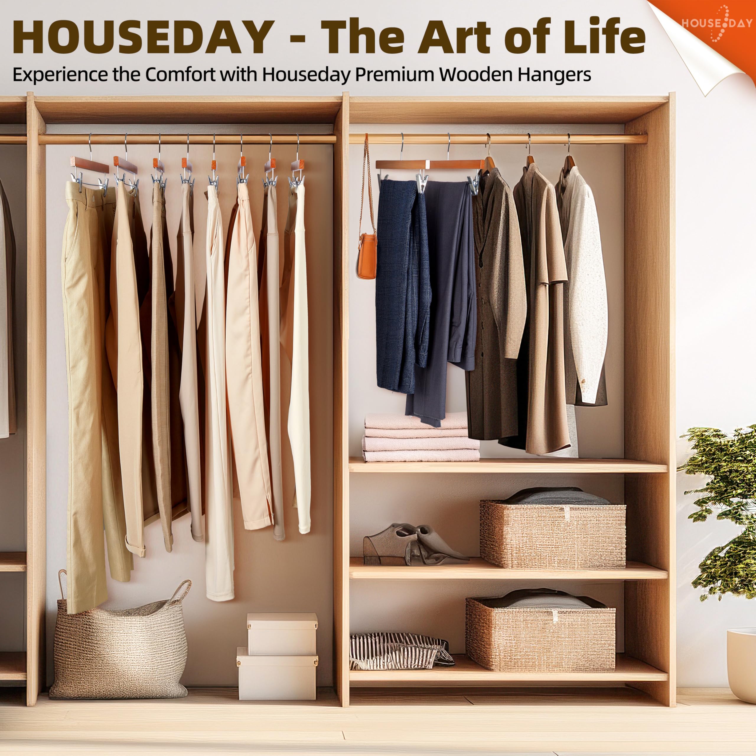 House Day Premium Wooden Pants Hangers 15 Pack, Solid Lotus Wood Skirt Hangers With 2-Adjustable Clips, Heavy Duty & Anti Slip W