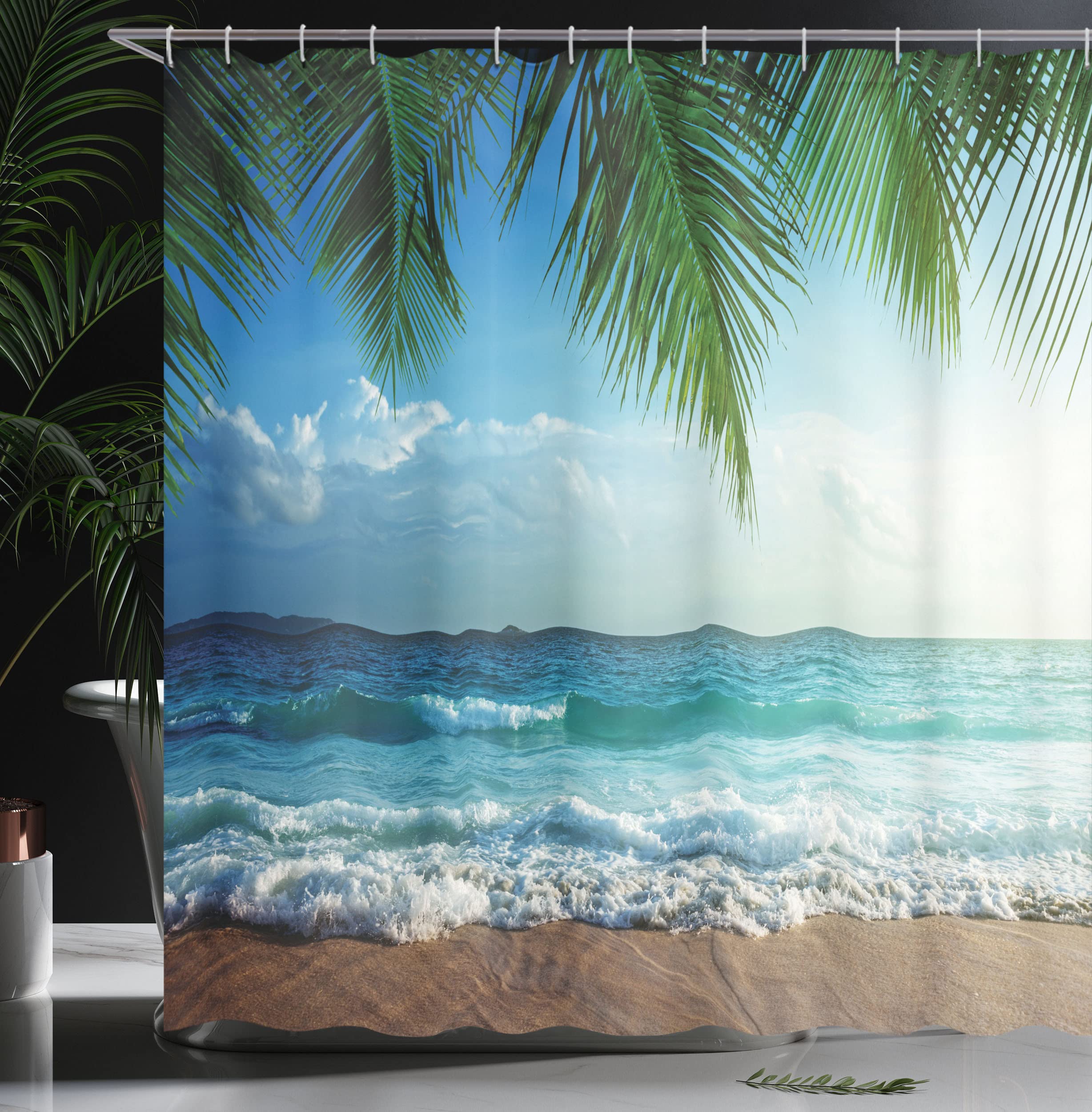 Ambesonne Ocean Shower Curtain, Palms Tropical Island Summer Beach Foamy Sea Water Maldives Idyllic Photography, Cloth Fabric Ba