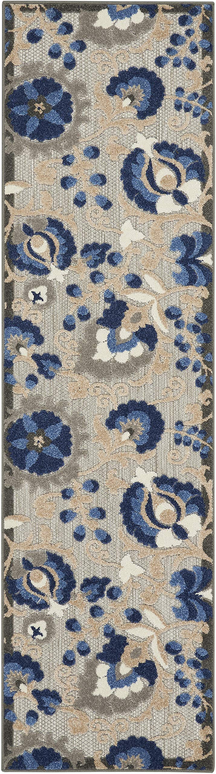 Nourison Aloha Indoor/Outdoor Natural/Blue 2' X 6' Area Rug, Easy Cleaning, Non Shedding, Bed Room, Living Room, Dining Room, Backyard, Deck, Patio (2X6)