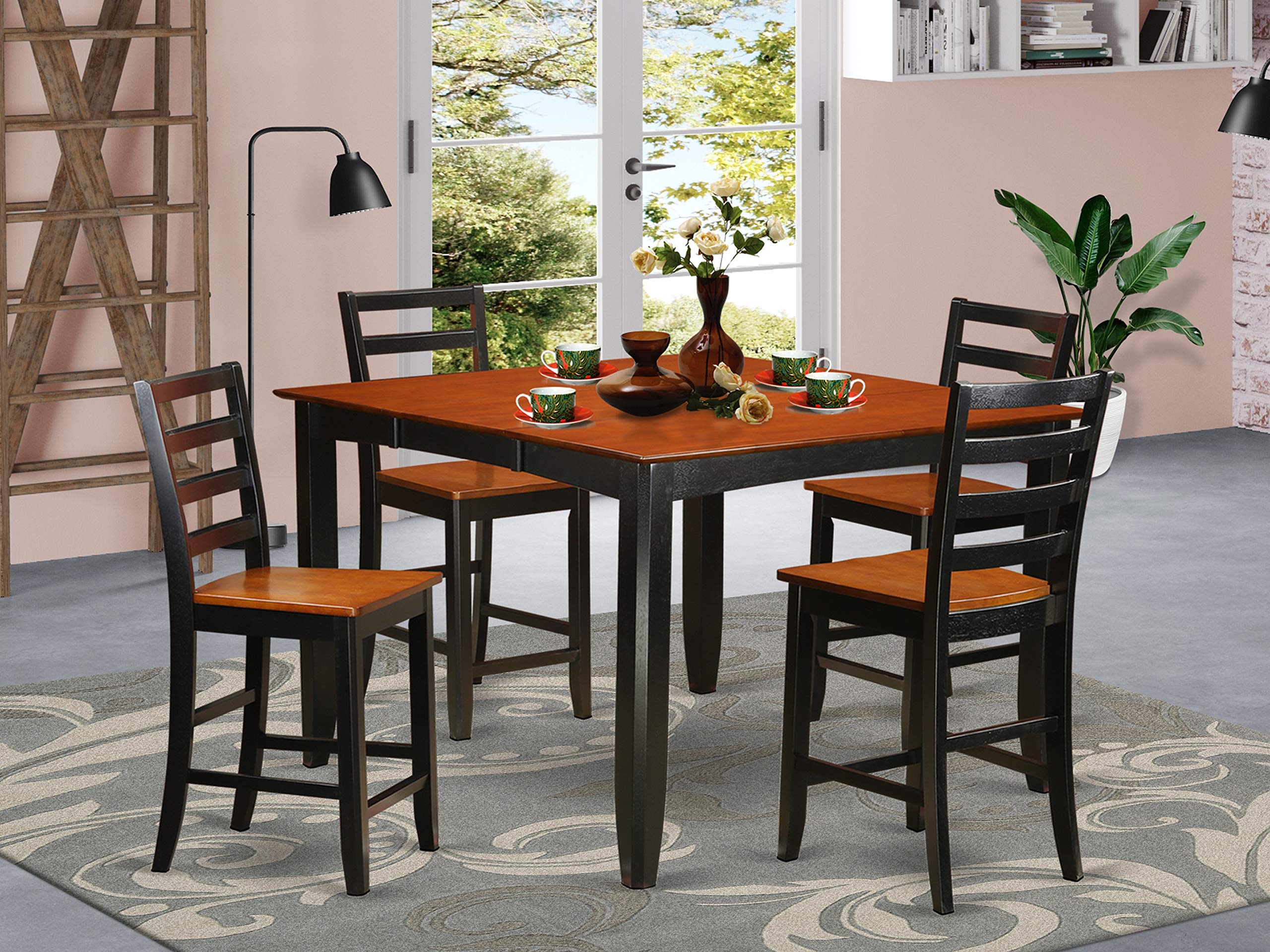 East West Furniture FAIR5-BLK-W Fairwind 5 Piece Kitchen Counter Height Set Includes a Square Pub Table with Pedestal and 4 Dining Room Chairs, 54x54 Inch