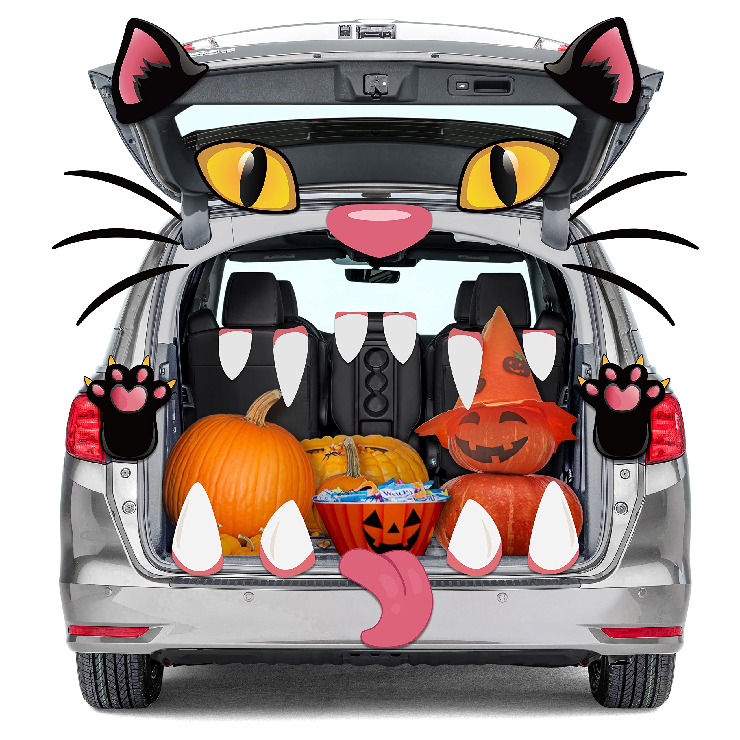 Yopyame 24Pcs Halloween Trunk Or Treat Black Cat Car Decoration Kit, Trunk Or Treat Car Archway Garage Decoration, Black Cat Tru
