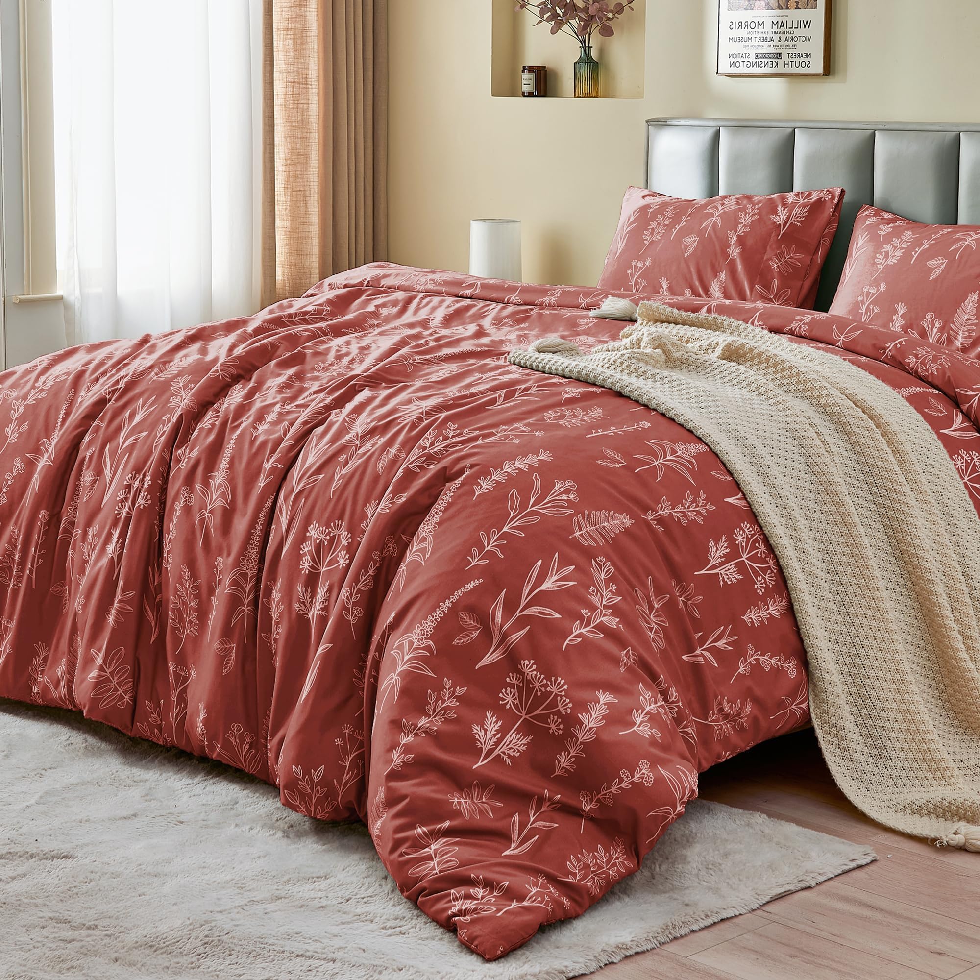 Muxhomo Duvet Cover King Size, Reversible Floral Terracotta Duvet Cover Set With Zipper Closure, 3 Pieces Botanical Patterns Sof