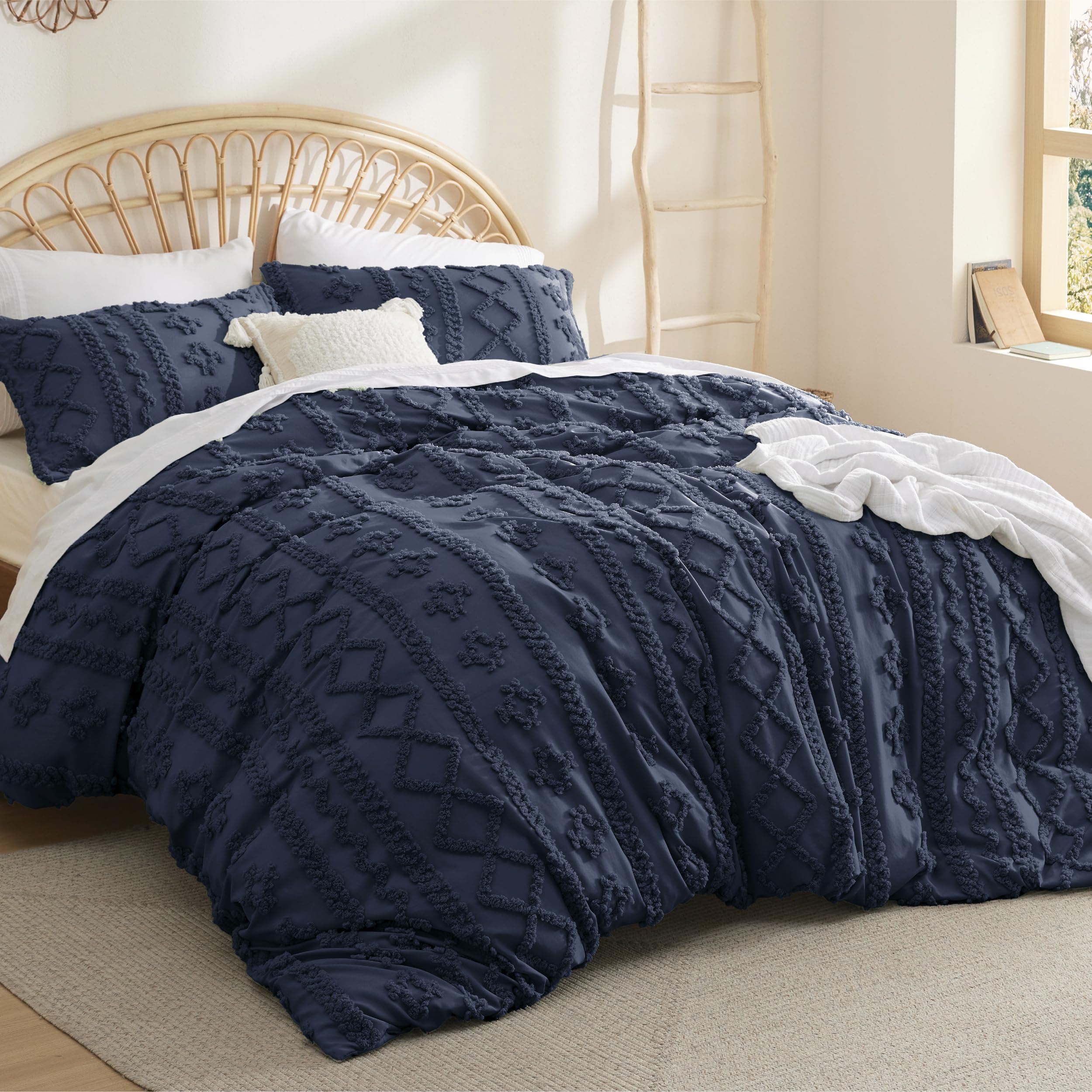 Bedsure Boho Duvet Cover Queen Size - Tufted Duvet Cover Queen Set For All Seasons, 3 Pieces Soft Shabby Chic Embroidery Boho Bedding, Comforter Not Included (Navy, 90' X 90')