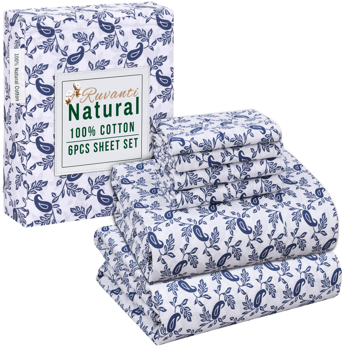 Ruvanti 6 Pcs Cotton Sheets - 100% Natural Cotton Soft, Lightweight & Breathable Crispy Percale Bed Sheets, California King Shee