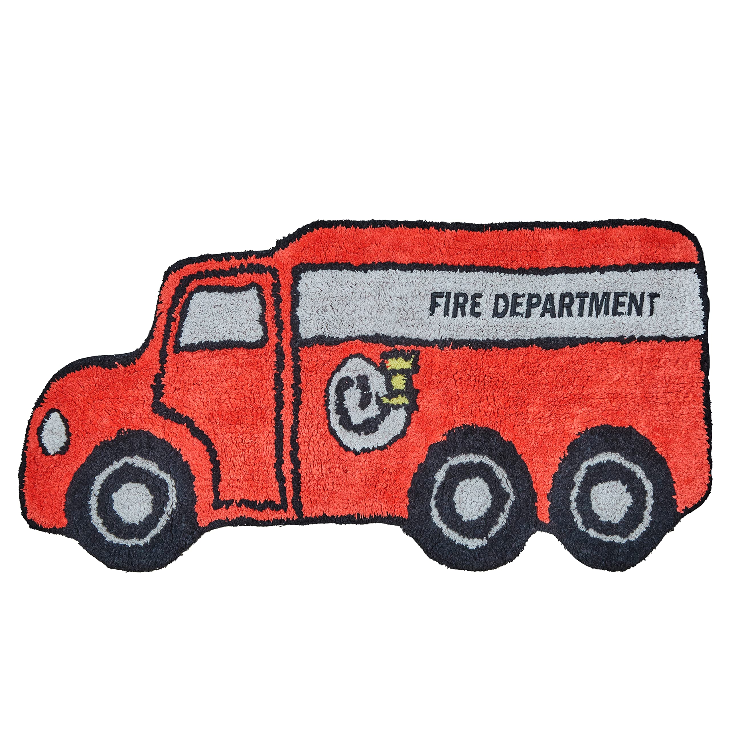 Hand Tufted Firetruck Bedroom or Bathroom Rug - 15x30 in; 100% Cotton Kids Bathroom Mat; Decorative Kids Area Rug