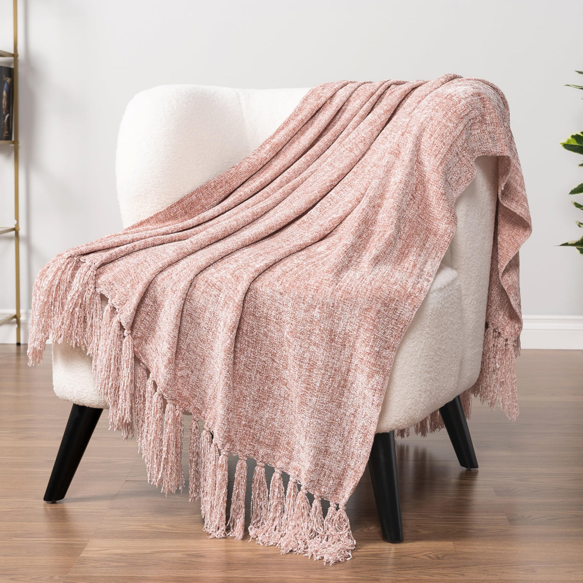 Pavilia Blush Pink Throw Blanket For Couch, Chenille Blanket For Sofa Bed, Soft Knit Woven Pink Blanket With Tassel, Decorative