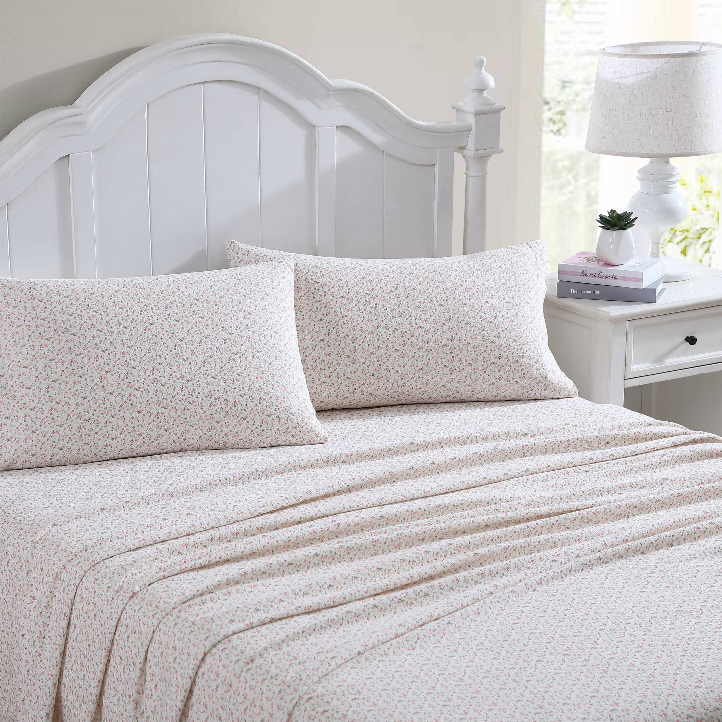 Laura Ashley Home - Queen Sheets, Cotton Flannel Bedding Set, Brushed For Extra Softness & Comfort (Evie Pink, Queen)