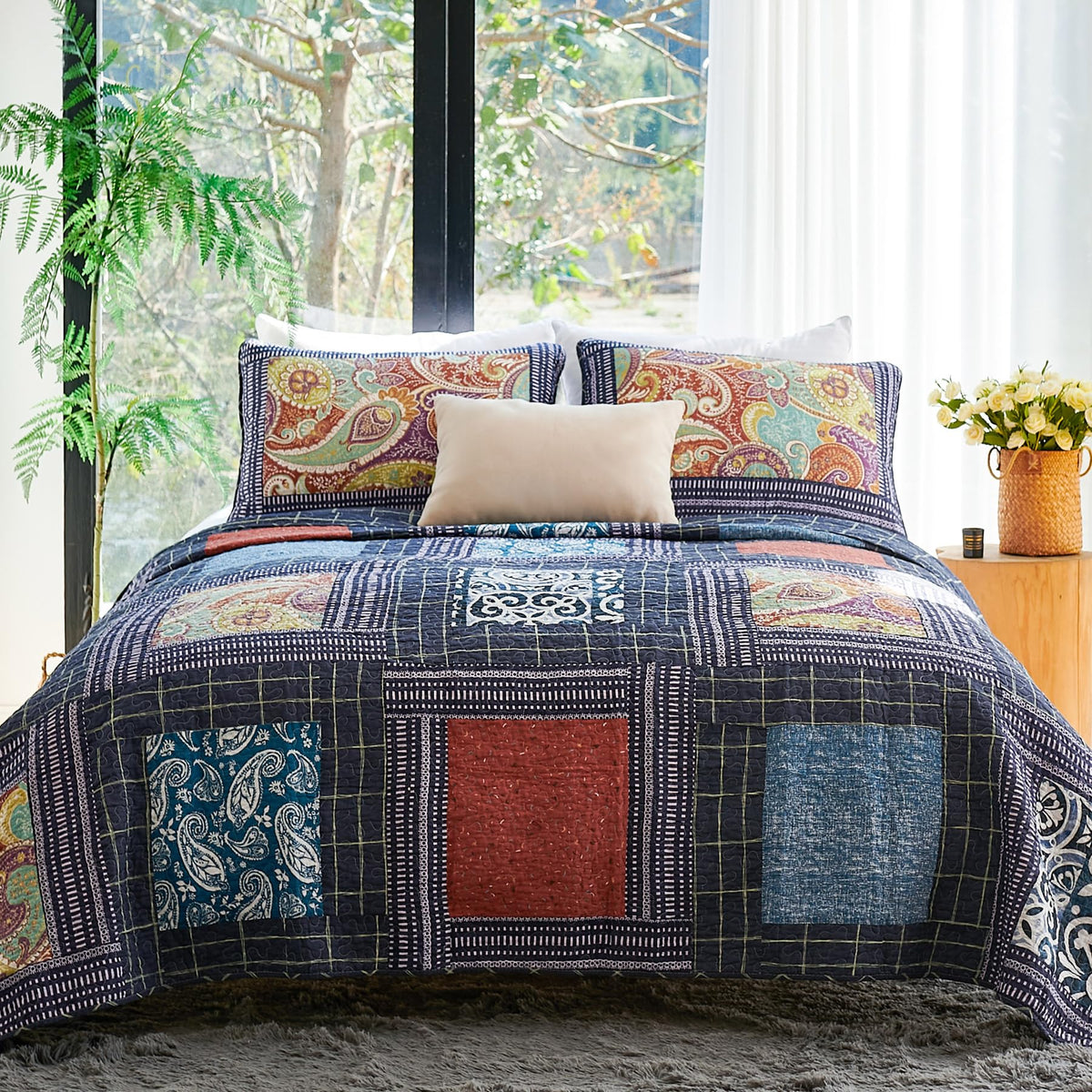 Secgo King Size Comforter Set- 100% Cotton Quilt King Size Set, Black Bedspreads (96 * 108 Inch) With 2 Pillow Shams, Patchwork
