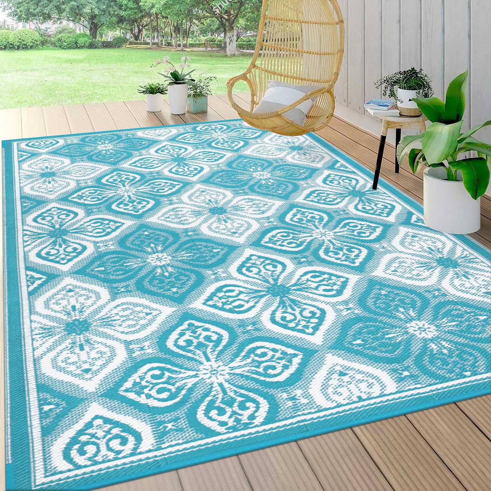 Pauwer Outdoor Rug, 6'X9', Leaf Grey, Reversible, Waterproof, Polypropylene, Lightweight, Rv Mat, Patio Decor