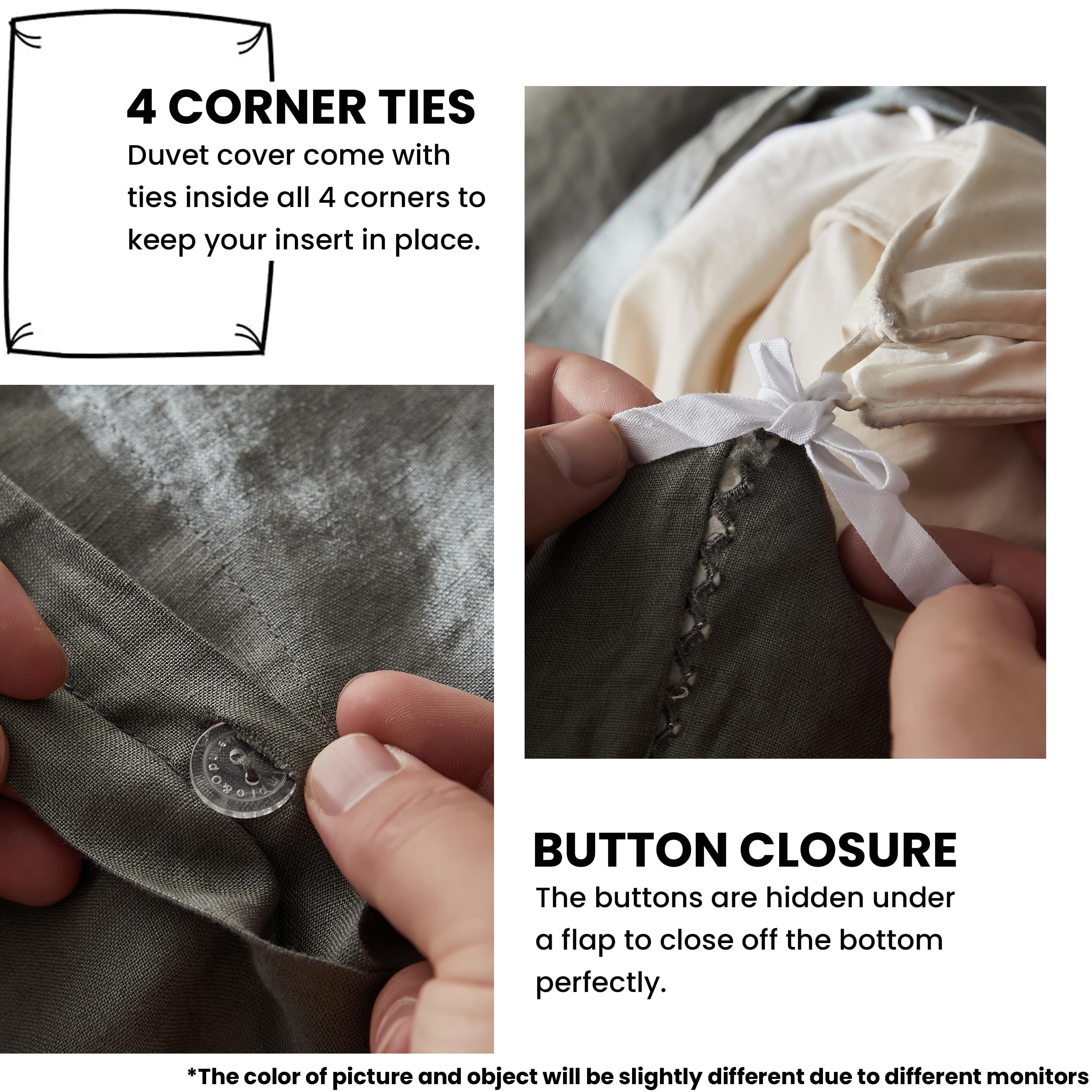 Simple&Opulence 100% Linen Duvet Cover Set With Crossed Embroidery Washed - 3 Pieces (1 Duvet Cover With 2 Pillow Shams) Soft Breathable Farmhouse - Cushing Green, Queen Size