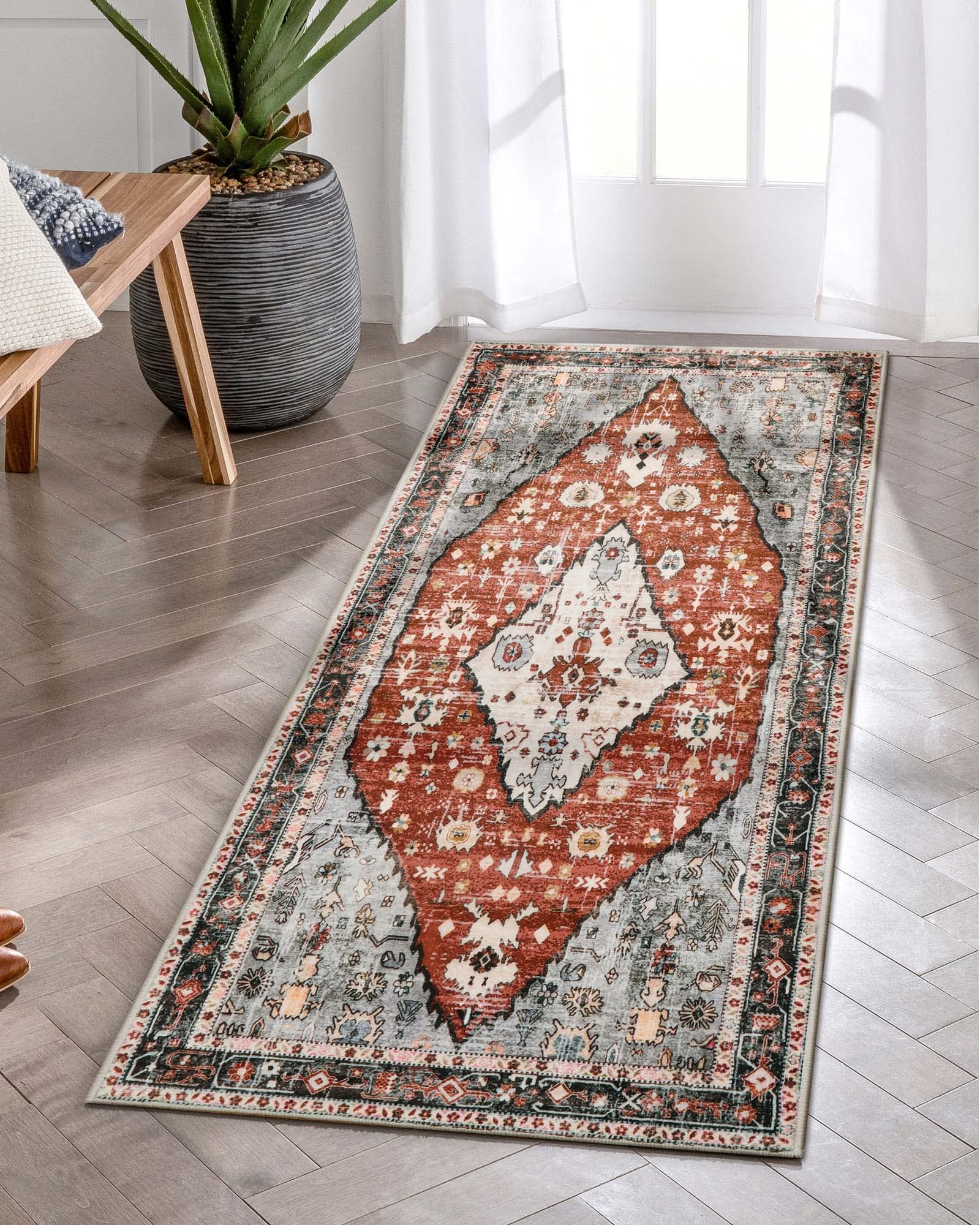 Lahome Boho Tribal Runner Rug - 2x4.3 Red Washable Kitchen Rug Soft Bedroom Mat, Non Slip Kid Pet Friendly Long Bathroom Carpet 