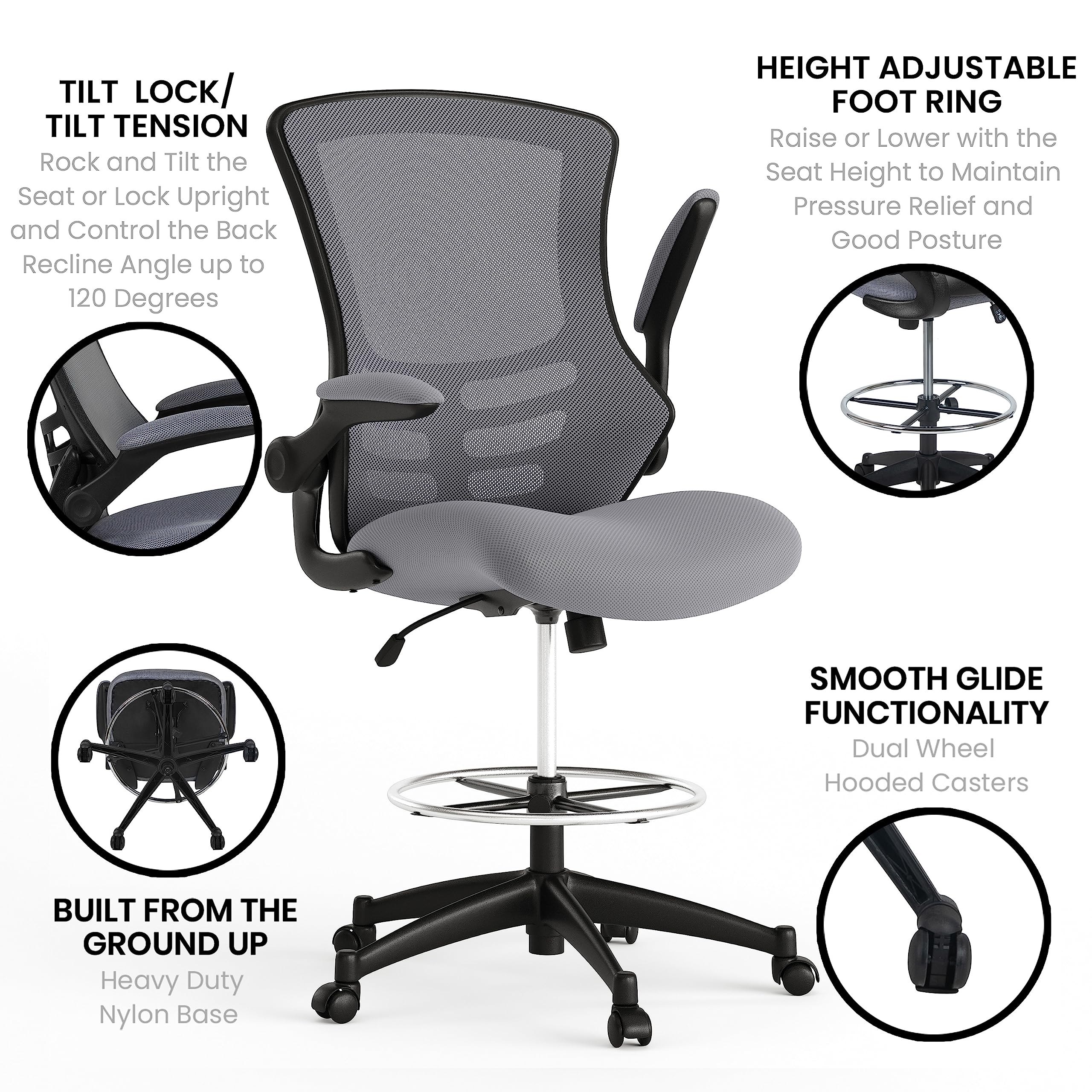 Flash Furniture Kelista Mid-Back Swivel Office Chair with Adjustable Seat Height, Ergonomic Mesh Desk Chair with Flip-Up Armrests, Dark Gray
