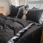 Moowoo Chic Ruffle Lace Polyester Duvet Cover Set -Girl Black Bedding-3 Piece Queen Duvet Cover With Zipper Closure -Ultra Soft