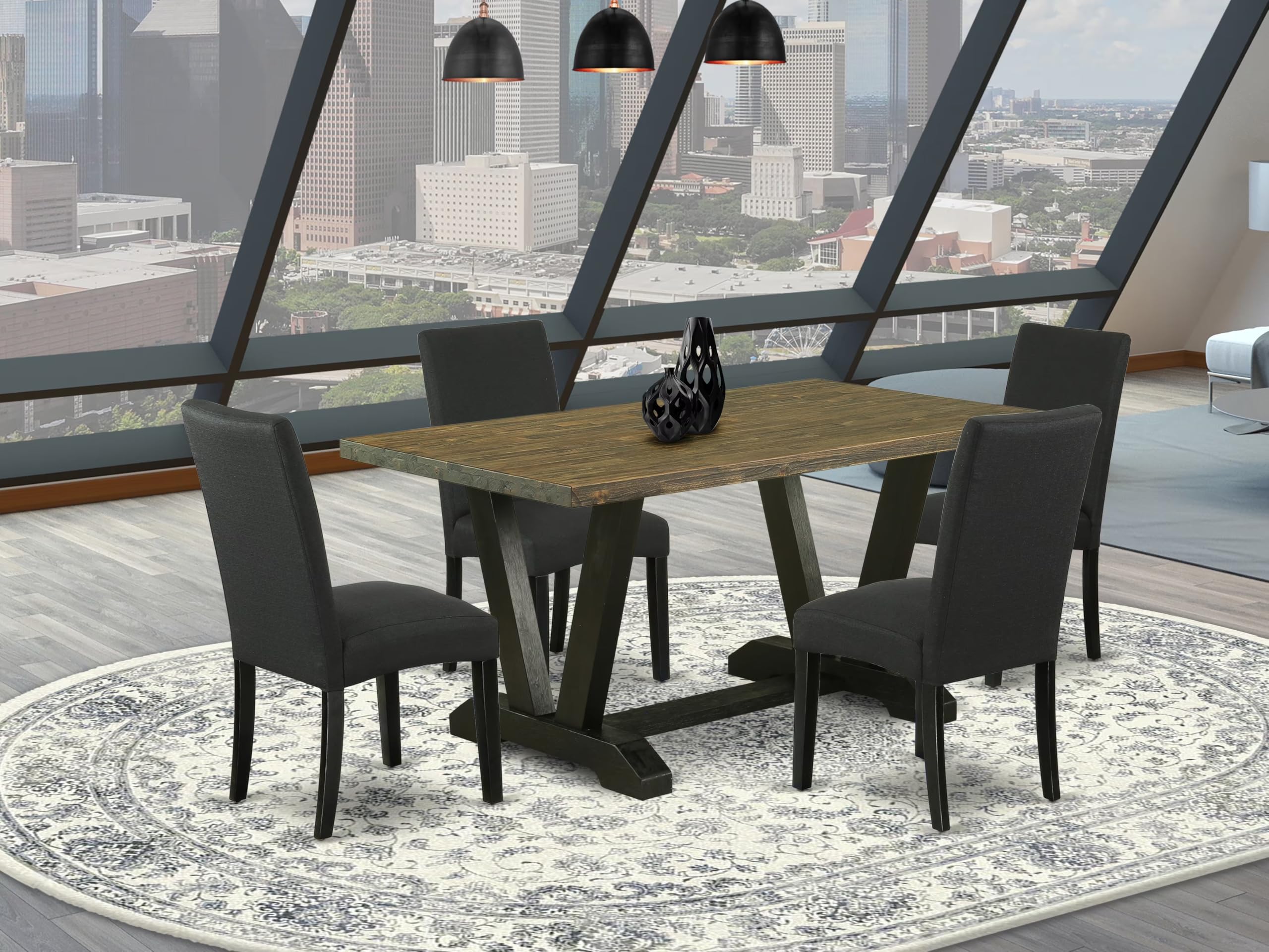 East West Furniture V676Dr124-5 5 Piece Dinette Set For 4 Includes A Rectangle Dining Table With V-Legs And 4 Black Color Linen Fabric Parson Dining Room Chairs, 36X60 Inch, Multi-Color