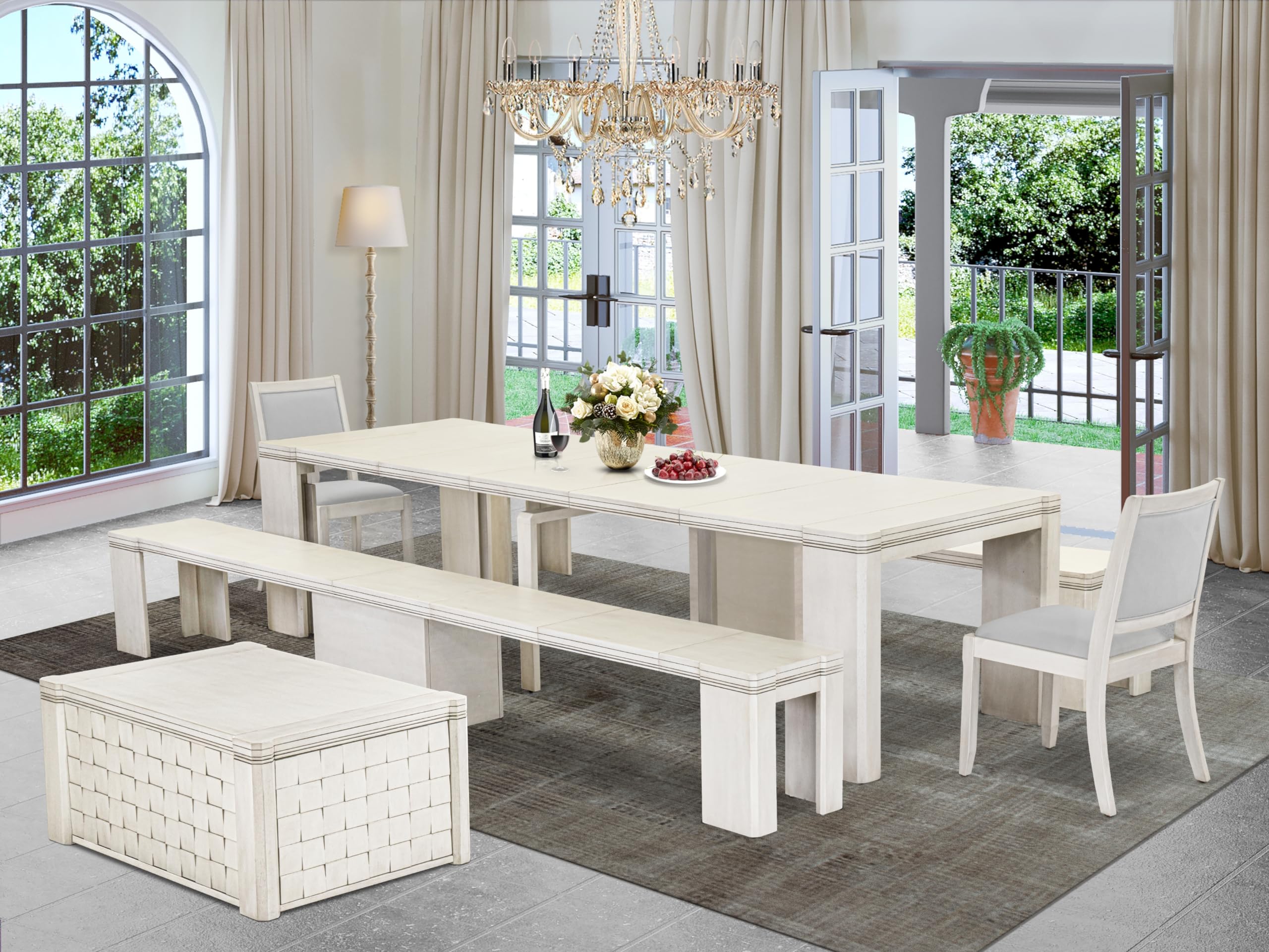 Luxe by East West Furniture - X02X2-2CW-27 - 6pc Dining Table Set contains an Extendable Rectangle Kitchen Table, 1 Coffee Table, 2 Stackable Dining Chairs and 2 Benches, 39x120 Inch, Antique White