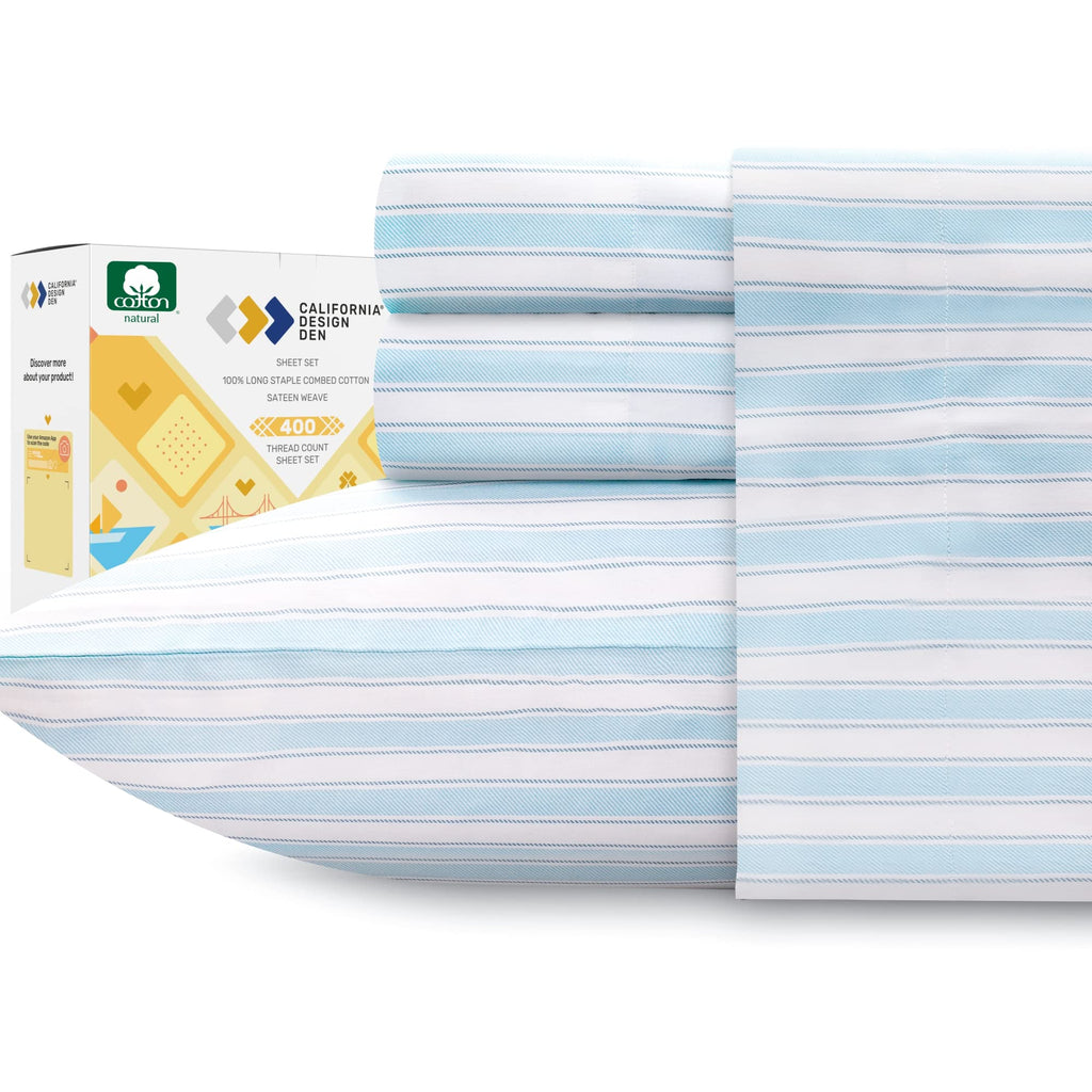 California Design Den Striped Bed Sheets Full Size - 100% Cotton Sheets Set, Luxury 400 Thread Count Sateen, Deep Pocket Full Sh