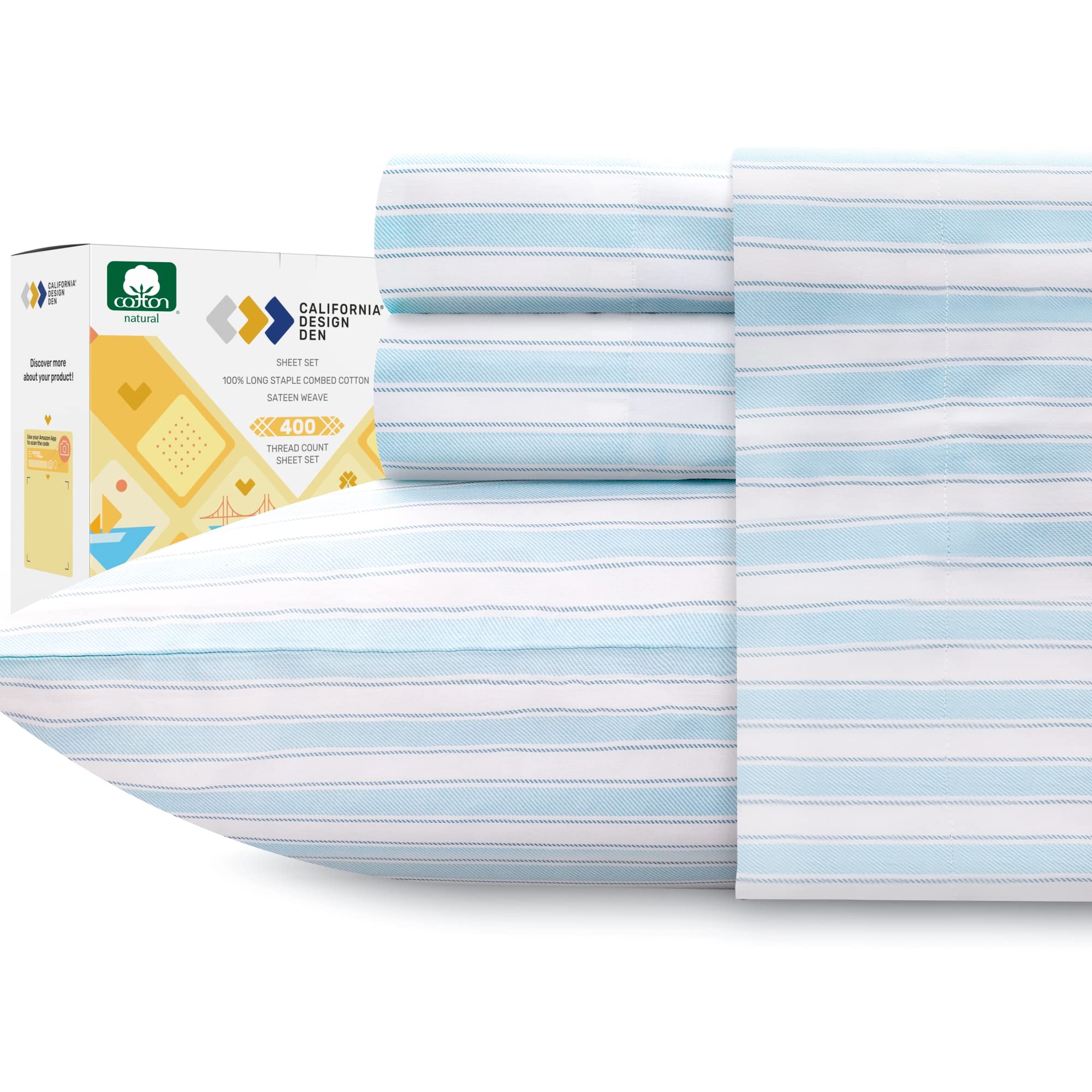 California Design Den Striped Bed Sheets Full Size - 100% Cotton Sheets Set, Luxury 400 Thread Count Sateen, Deep Pocket Full Sh