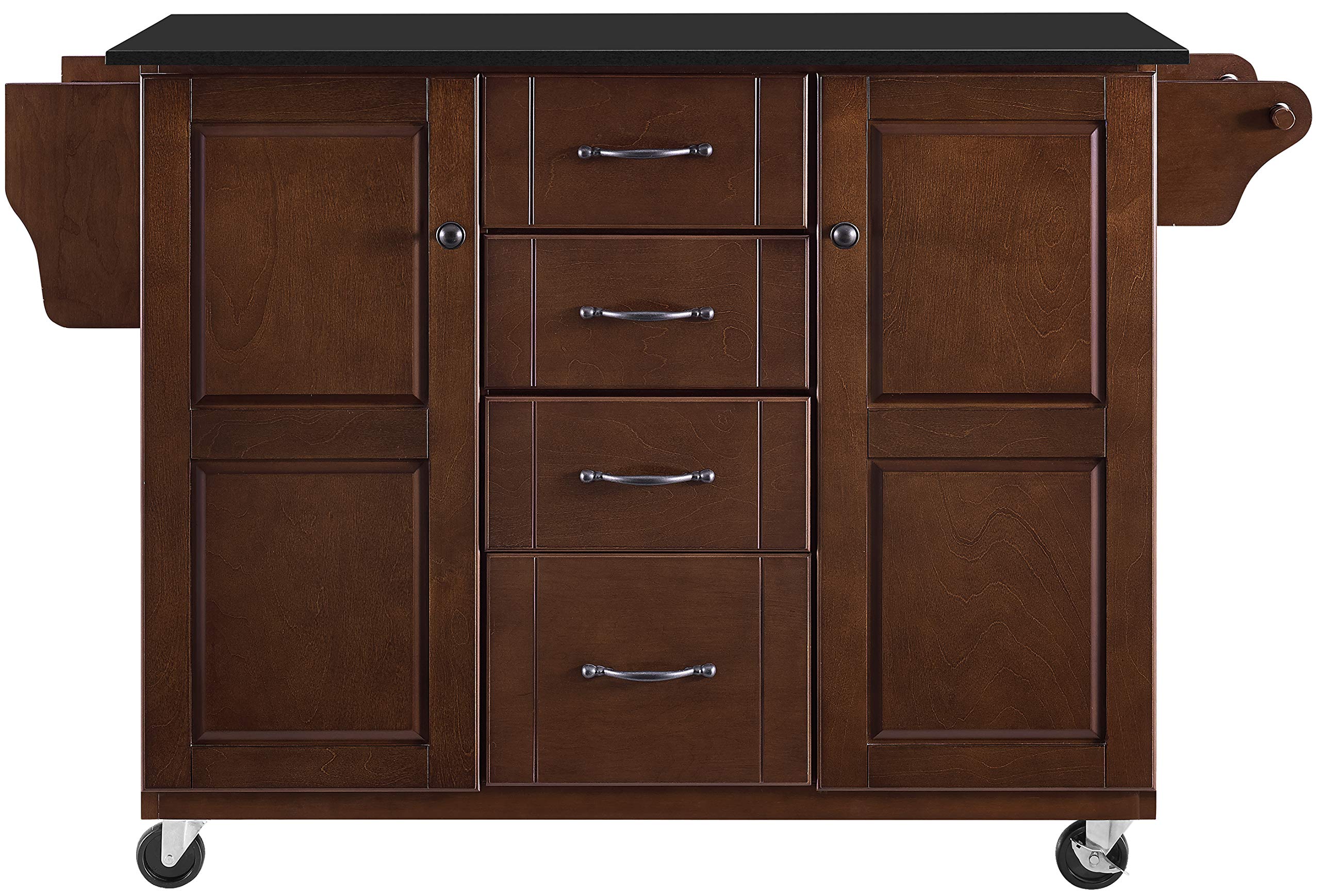Crosley Furniture Eleanor Granite Top Rolling Cart Kitchen Island with Spice Rack, Drawers and Shelves, Mahogany