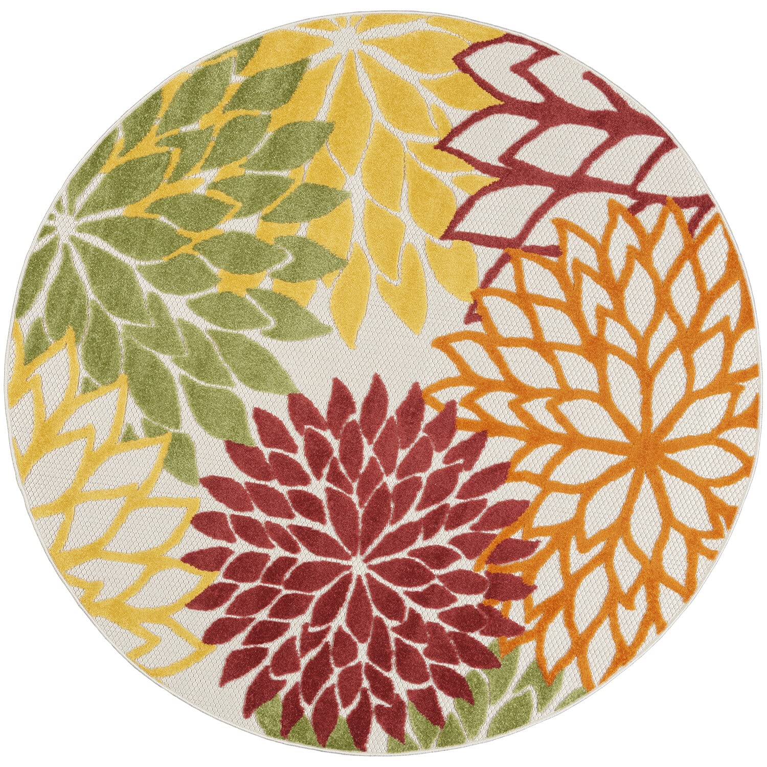 Nourison Aloha Indoor/Outdoor Red Multi Colored 5'3' X Round Area Rug, Tropical, Botanical, Easy Cleaning, Non Shedding, Bed Ro