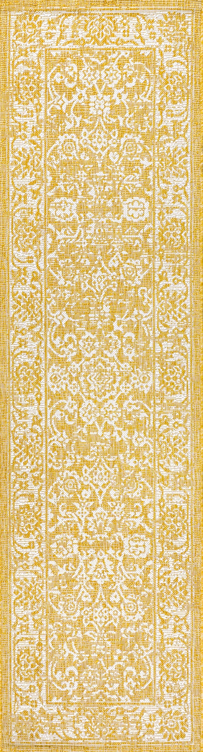 Jonathan Y Smb100E-210 Tela Bohemian Textured Weave Floral Indoor Outdoor Area Rug, Coastal Traditional Transitional Easy Cleaning,Bedroom,Kitchen,Backyard,Patio,Non Shedding 2 X 10, Yellow/Cream