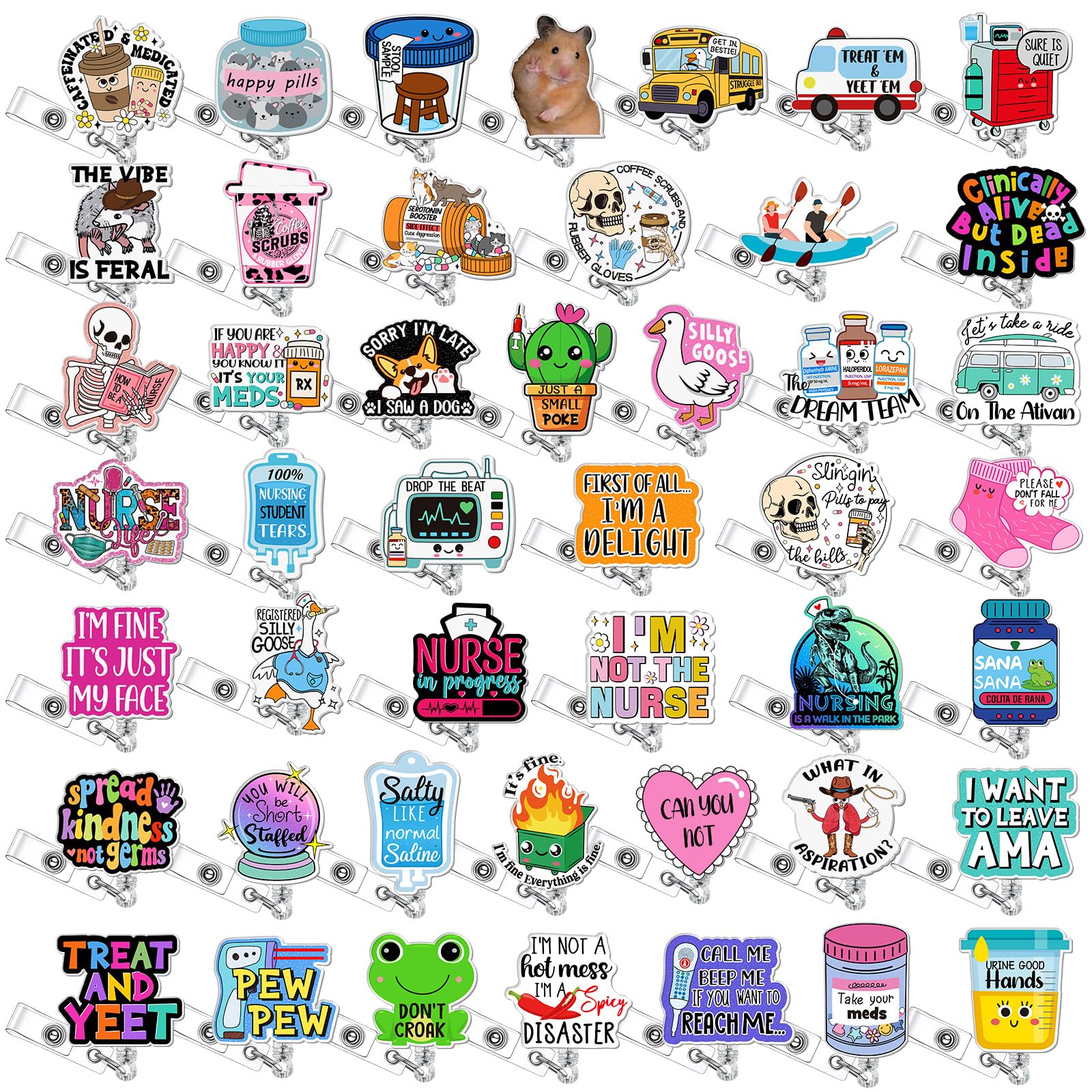 Suncalla 48 Pcs Funny Nurse Badge Reels Bulk Cute Retractable ID Holder Clip Name Tag Badge Reels Funny Nursing Gifts for Medica