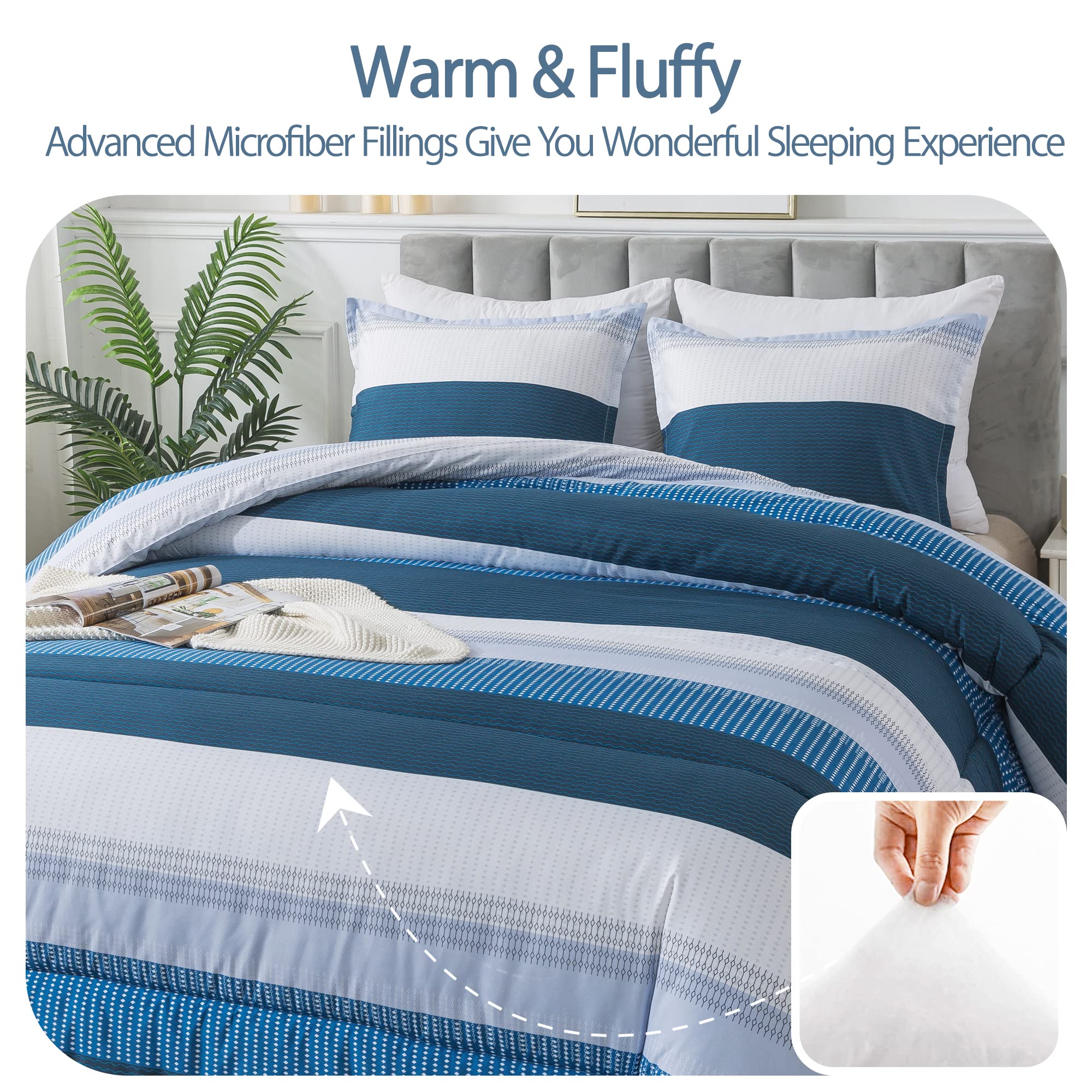 Andency Stripe Comforter Set King Size (104X90 Inch), 3 Pieces Navy Patchwork Striped Comforter, Soft Microfiber Down Alternative Comforter Bedding Set With Corner Loops