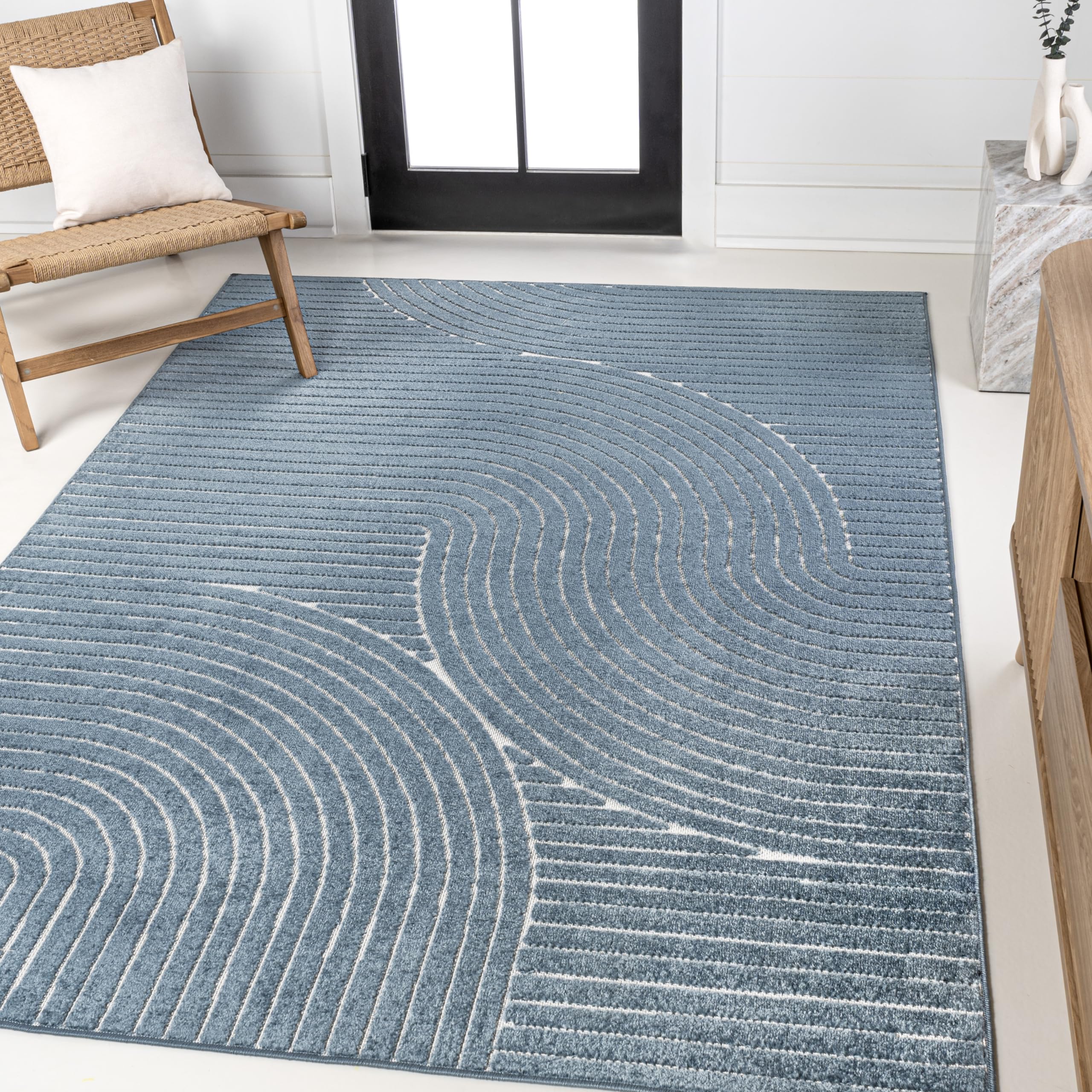 JONATHAN Y SCN100C-3 Hallie High-Low Minimalist Curve Geometric Dark Blue/Cream 3 ft. x 5 ft. Indoor/Outdoor Area Rug for Patio,