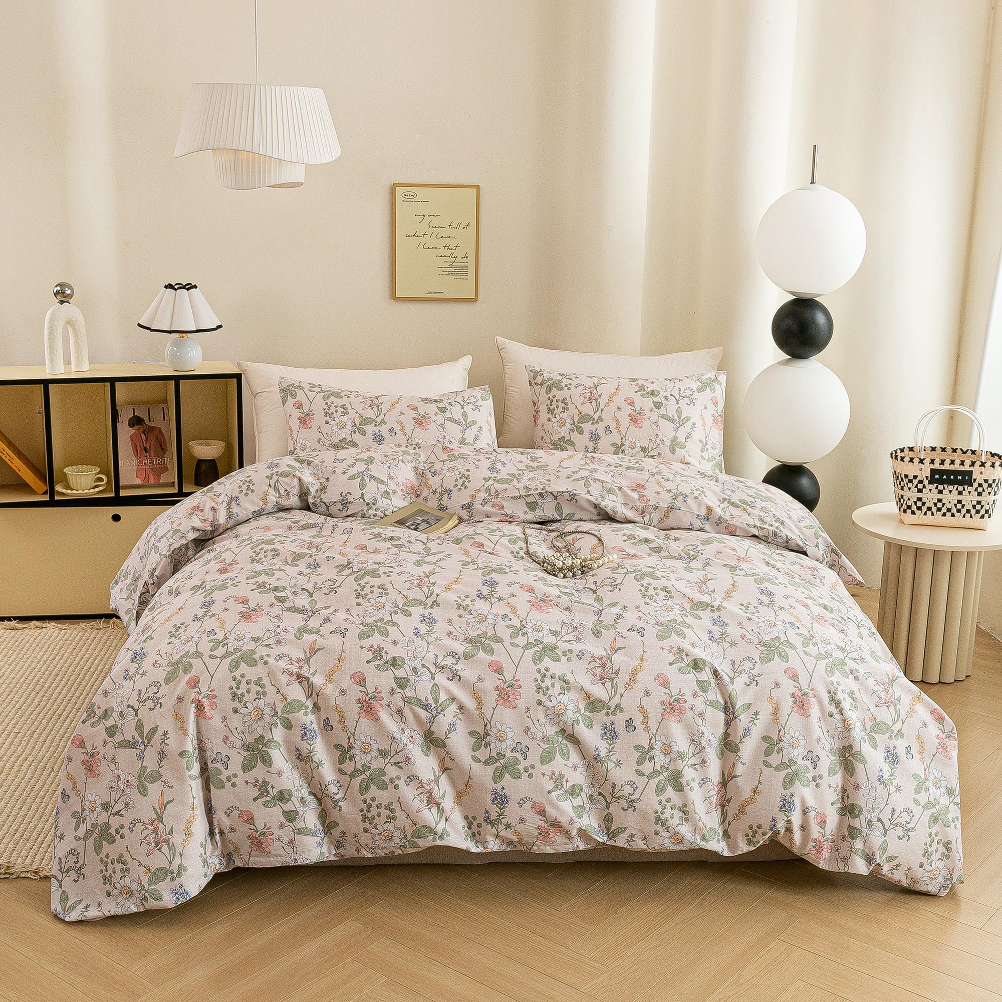 ECOCOTT Floral Duvet Cover King Size, 100% Washed Cotton 3 Piece Bedding Set, Vintage Botanical Flower Print Duvet Cover with Zi