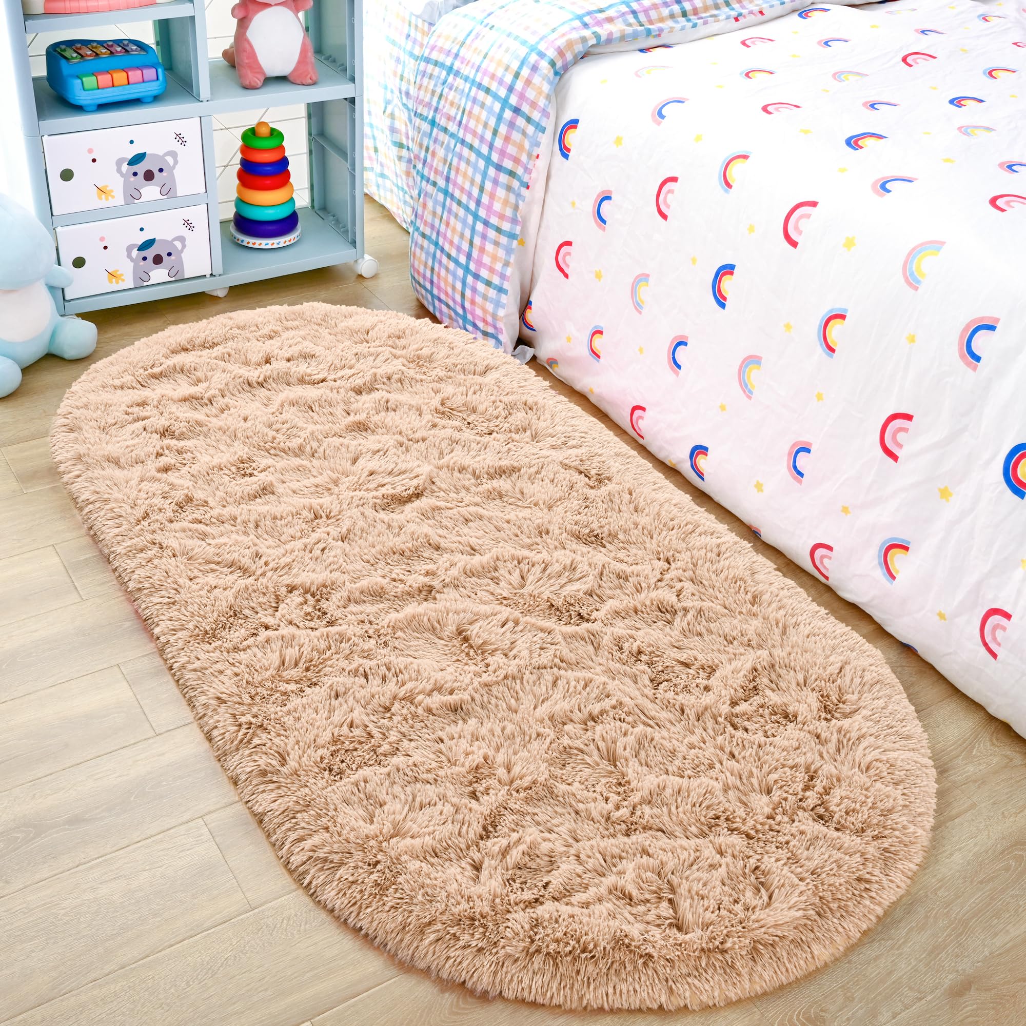 Noahas Ultra Soft Fluffy Bedroom Rugs,2.6 X 5.3 Oval Beige Fluffy Rugs for Bedroom,Small Throw Rugs, Kids Room Carpet Modern S
