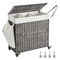 SONGMICS Laundry Hamper with Lid, 37 Gallons (140 L), Rolling Laundry Basket with Wheels, 3-Section Synthetic Rattan, Removable 