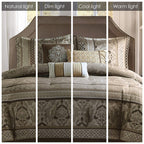 Madison Park Bellagio Cozy Comforter Set - Luxurious Jaquard Traditional Damask Design, All Season Down Alternative Bedding With Matching Shams, Decorative Pillow, King(104'X92'), Brown/Gold 7 Piece