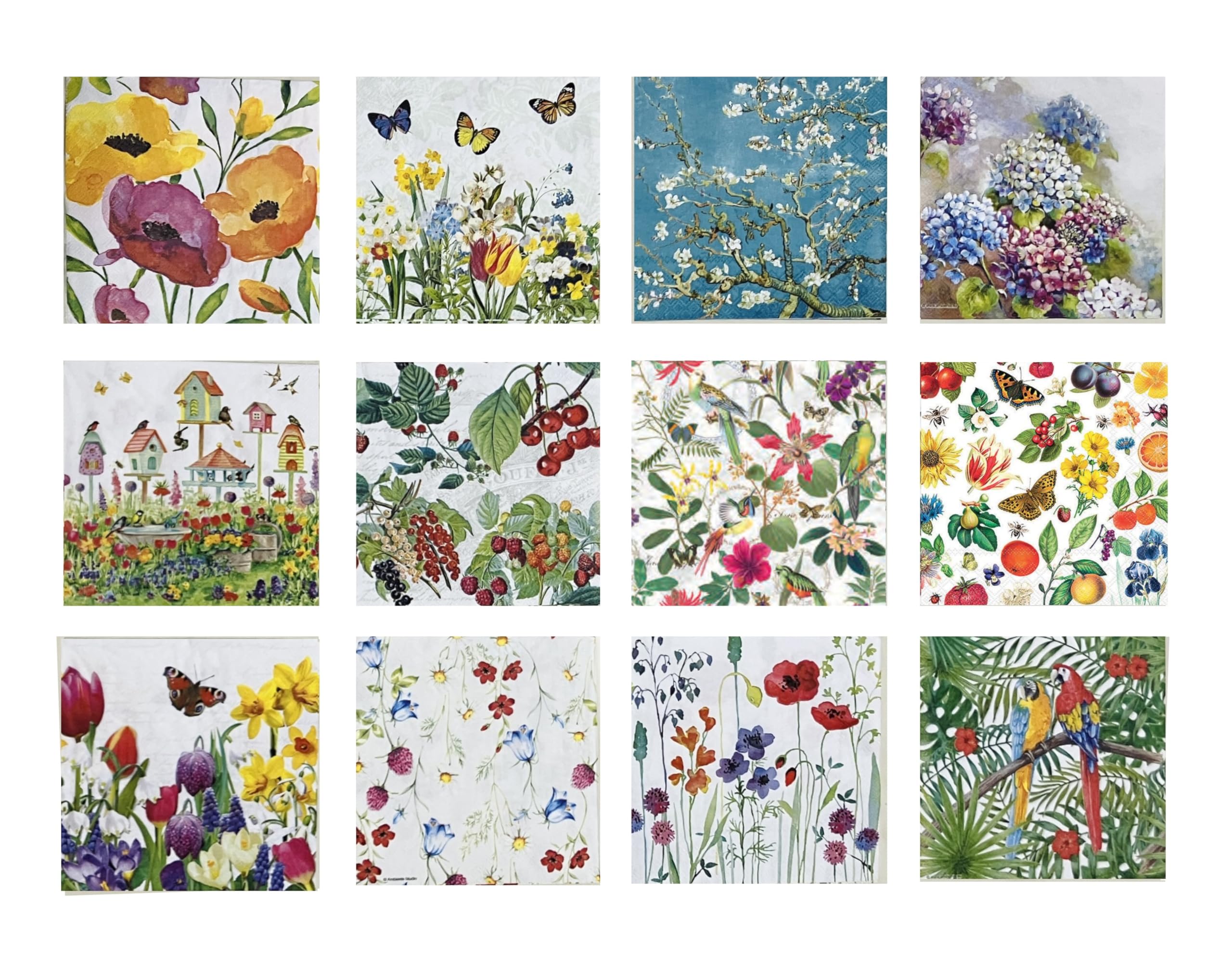 12 Styles Assorted Colorful Napkins for Decoupage a Variety of Flower Assorted Mothers Day Decorative Paper Bird Birdhouse Pret