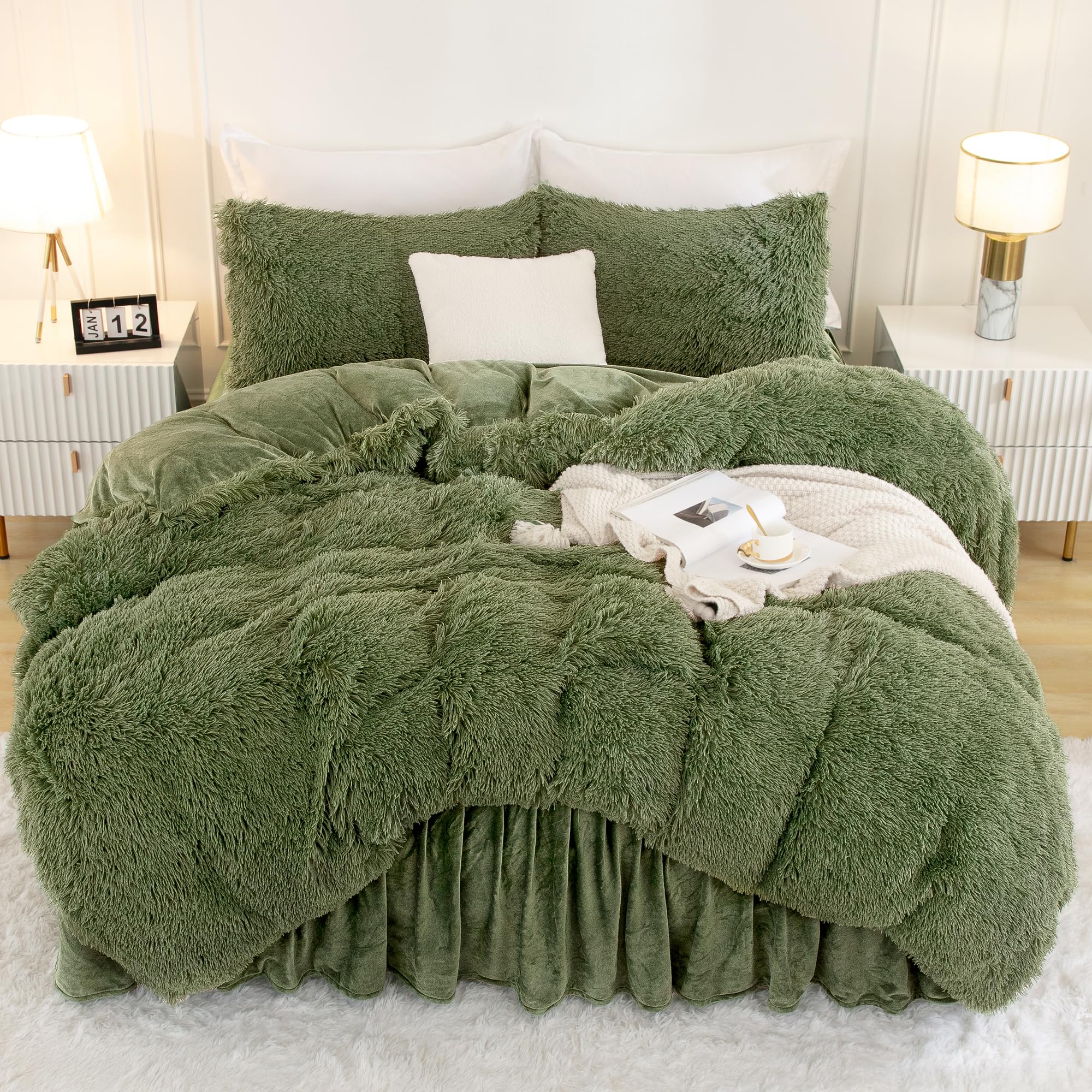 Andency Faux Fur Sage Green Comforter Set Queen Size, 3 Pieces Fluffy Fuzzy Plush Bedding Comforter Set (1 Shaggy Velvet Comfort