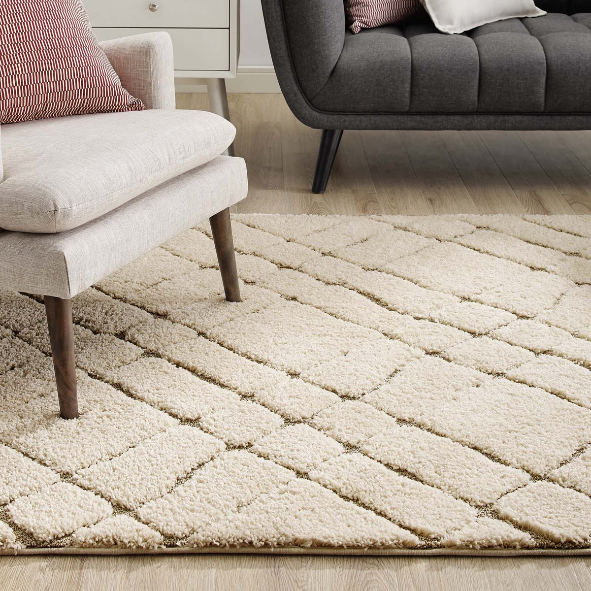 Modway Jubilant Verona Abstract Geometric 5X8 Area Rug With High-Low Shag Pile In Creame And Beige