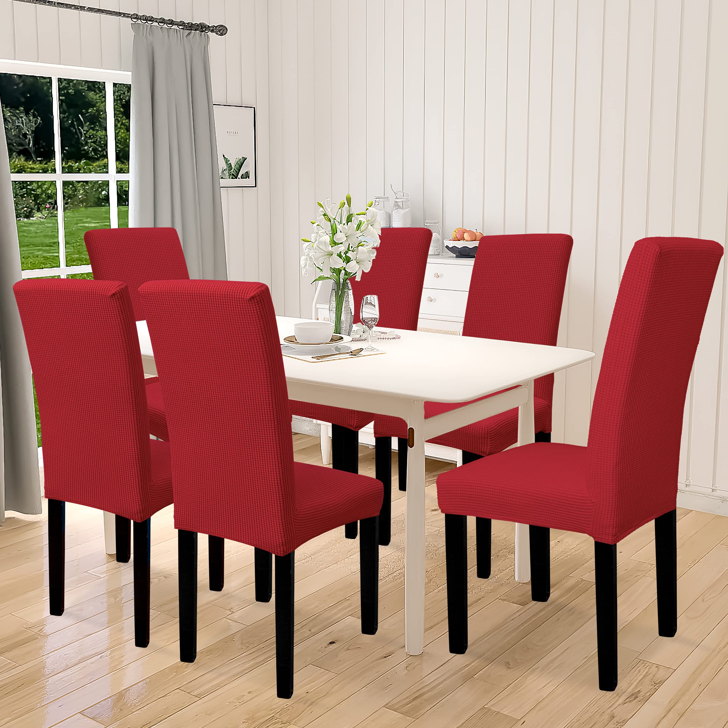 Easy-Going 100% Waterproof Dining Room Chair Cover Set Of 6, Stretch Jacquard Parson Chair Slipcover Removable Washable Chair Protector For Home, Restaurant, Banquet (Large, Red)