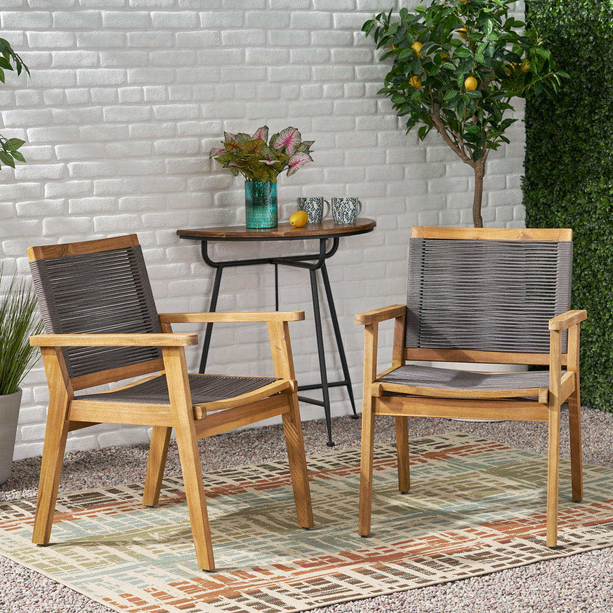 Ziraukon Dining Chairs Set Of 2,Modern Acacia Wood Outdoor Seating,Wicker Bistro Balcony Garden Chairs With Arm And High Back Fo