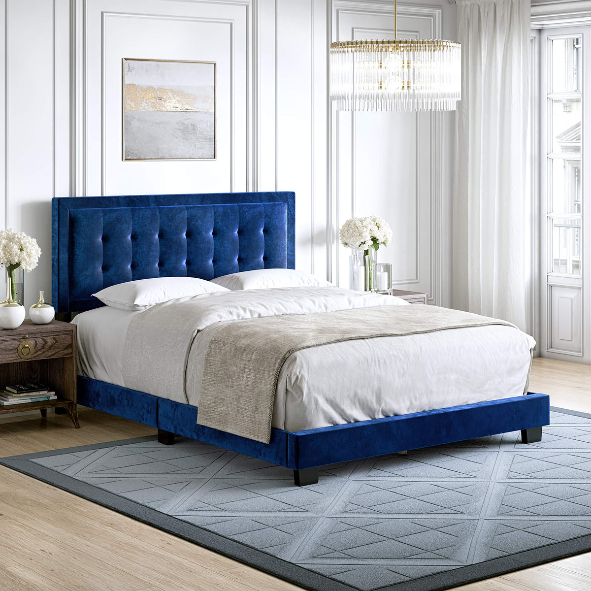 Boyd Sleep Pisa Upholstered Button Tufted Platform Bed Frame Mattress Foundation With Headboard And Strong Wood Slat Supports: Velour, Blue, Full (Psbu964Db)