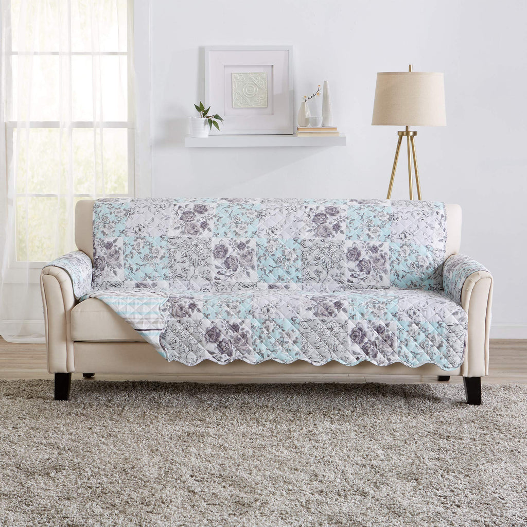 Reversible Floral Patchwork Furniture Protector Scalloped Edge Stain Resistant Printed Furniture Protector Maribel Collection (Sofa, Gray/Aqua)