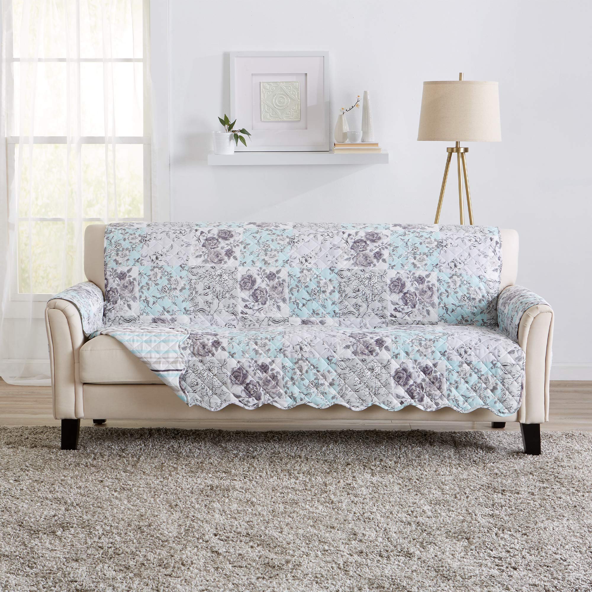 Reversible Floral Patchwork Furniture Protector Scalloped Edge Stain Resistant Printed Furniture Protector Maribel Collection (Sofa, Gray/Aqua)