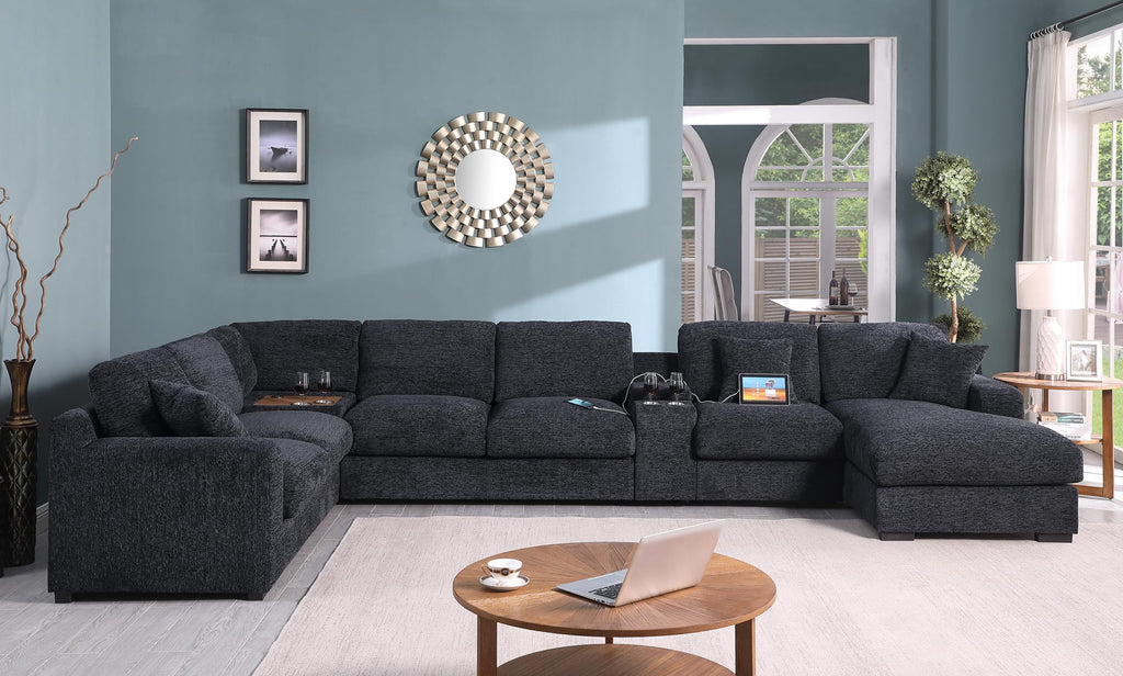 Lilola Home Celine Dark Gray Chenille Fabric Corner Sectional Sofa with Right-Facing Chaise, Cupholders, and Charging Ports