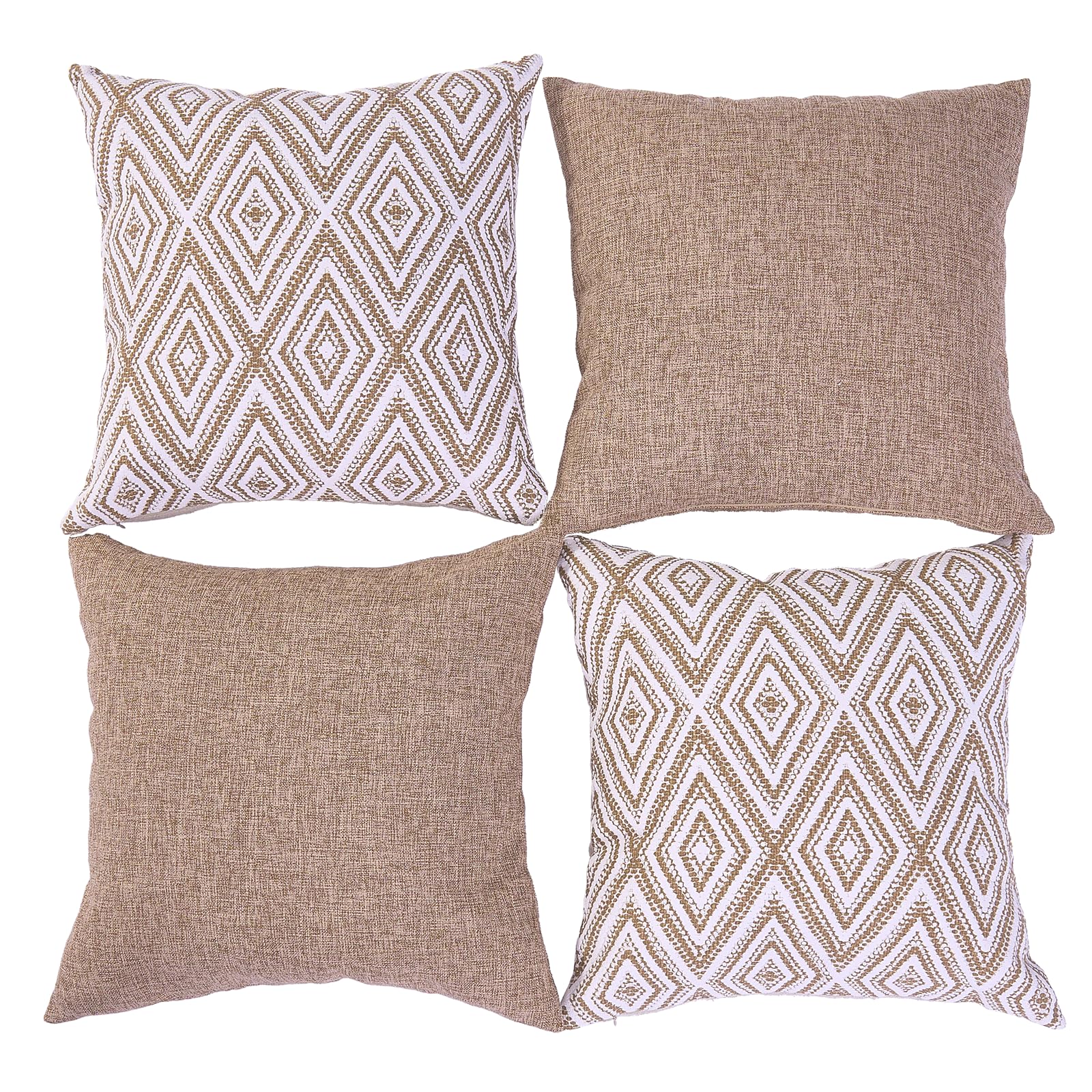 Hpuk Decorative Throw Pillow Covers Set Of 4 Geometric Design Linen Cushion Cover For Couch Sofa Living Room, 20'X20' Inches, Light Brown