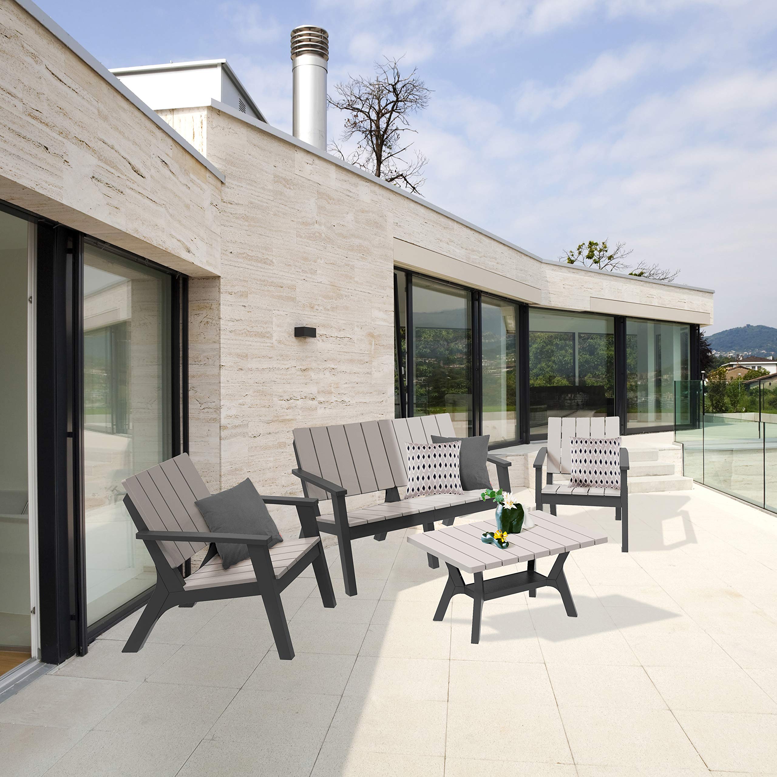 DUKAP Enzo 4 Piece Patio Seating Set with Storage Space, Outdoor Conversation Seats with Weather and Water Resistant Balcony Furniture for Ultimate Comfort | Black and Grey