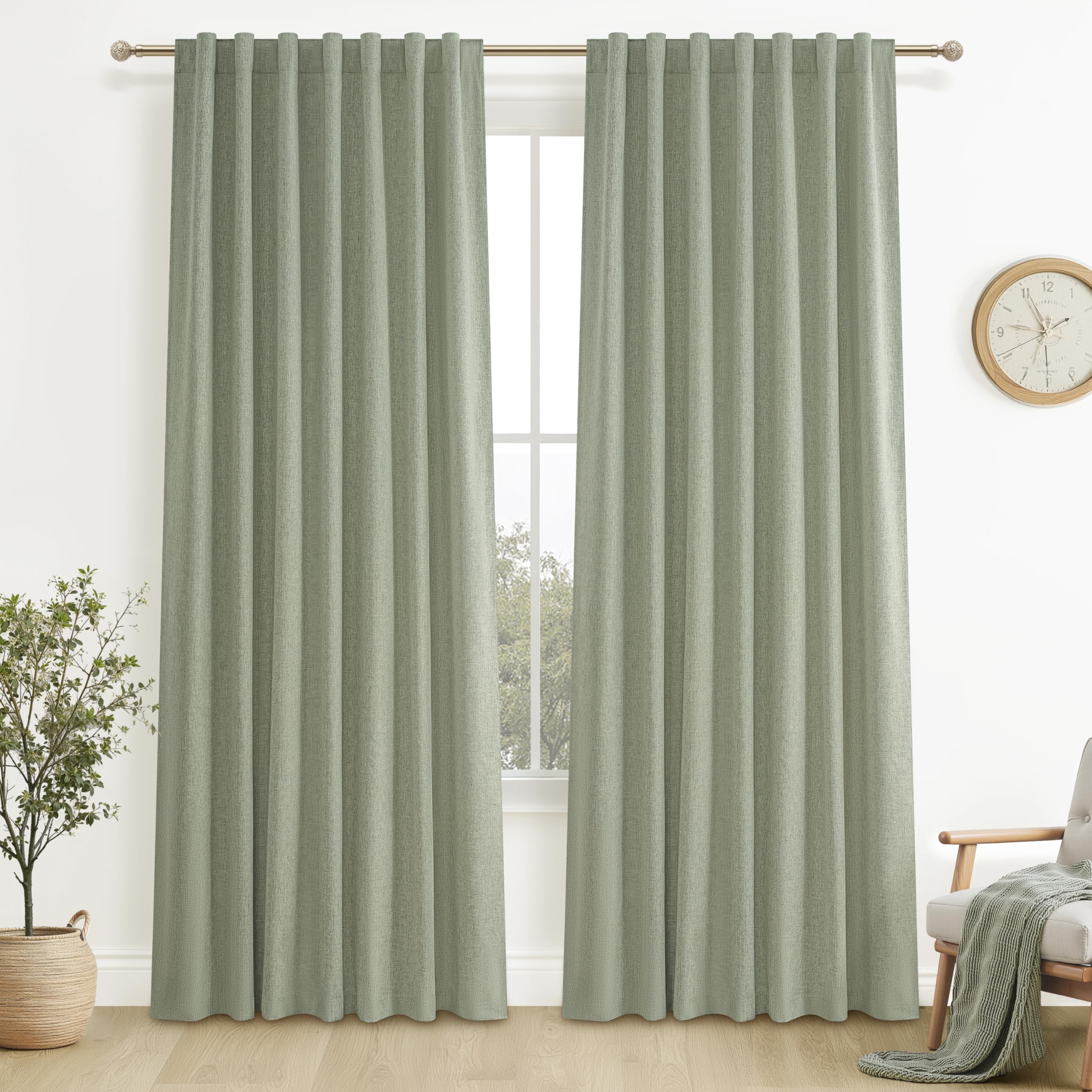 Sage Green Blackout Linen Curtains 90 Inches Long for Living Room Bedroom, Pleated Window Track Curtain with Pin Hooks Belt Boho