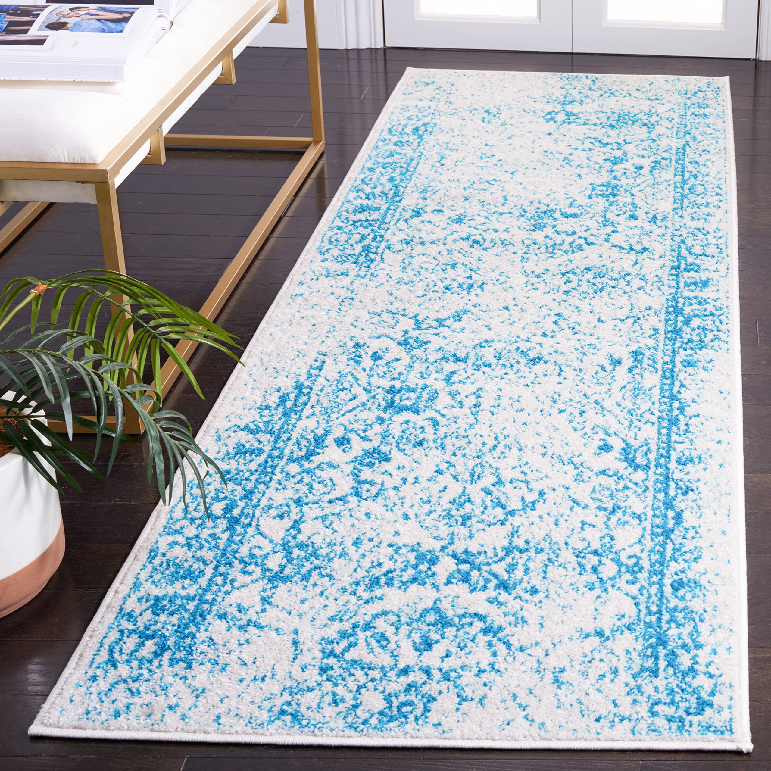 SAFAVIEH Adirondack Collection Runner Rug - 26 x 6, Ivory & Teal, Oriental Distressed Design, Non-Shedding & Easy Care, Ideal 