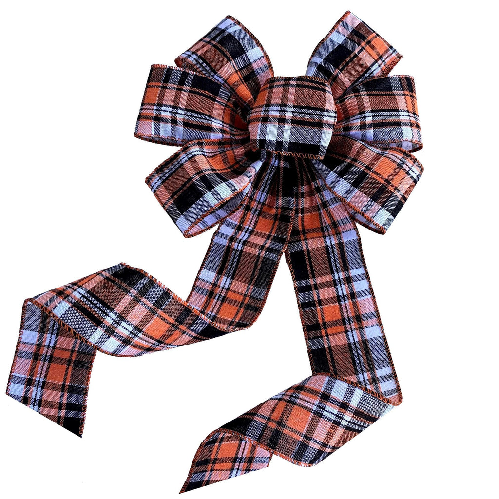 Fall Plaid Door Wreath Bow - 10' Wide, 18' Long Pre-Tied Bow, Orange, Beige, Black, Thanksgiving, Christmas, Kitchen Decor, Do